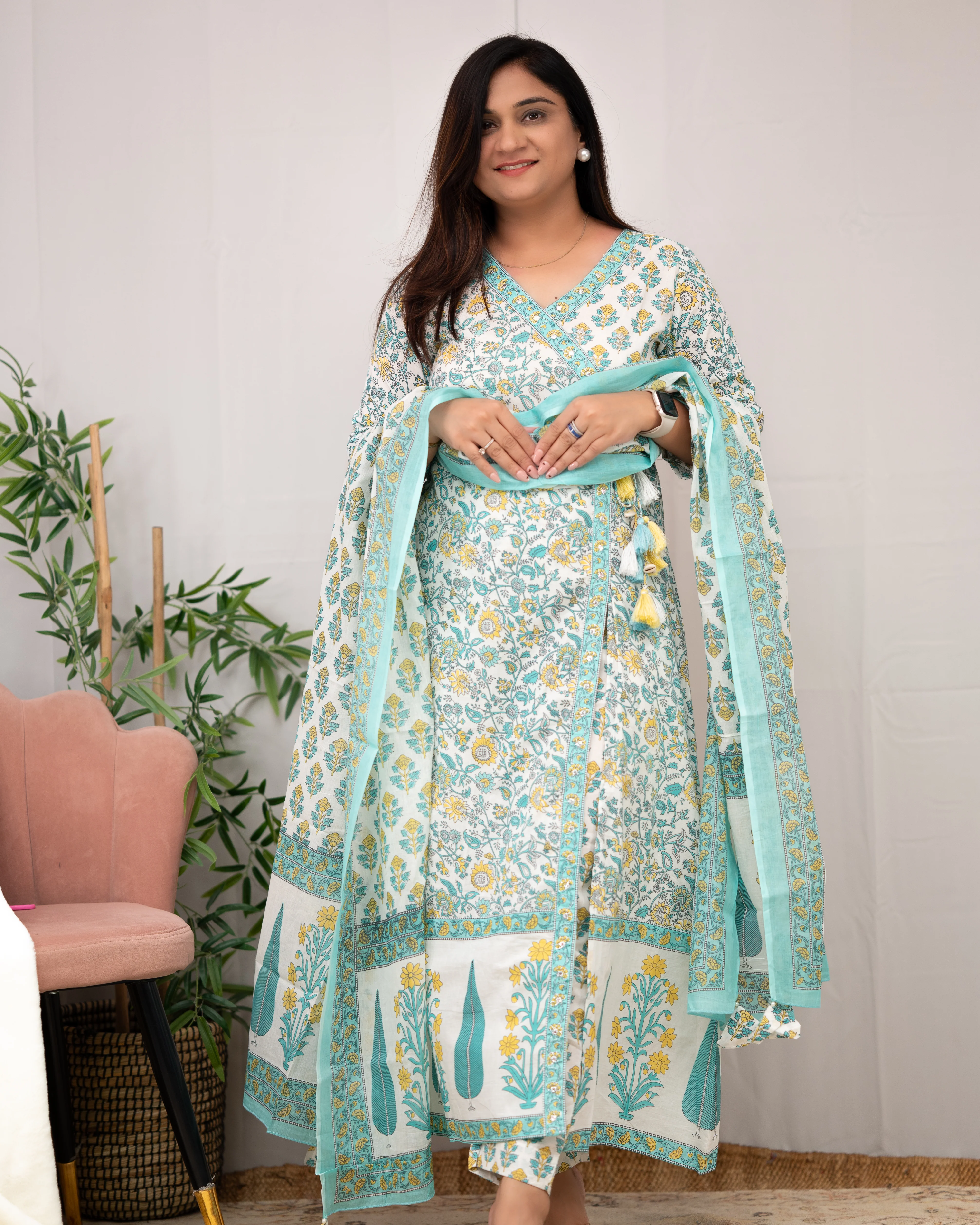 Aadhaya Angrakha Handblock Front Slit Pant Set - Image 5