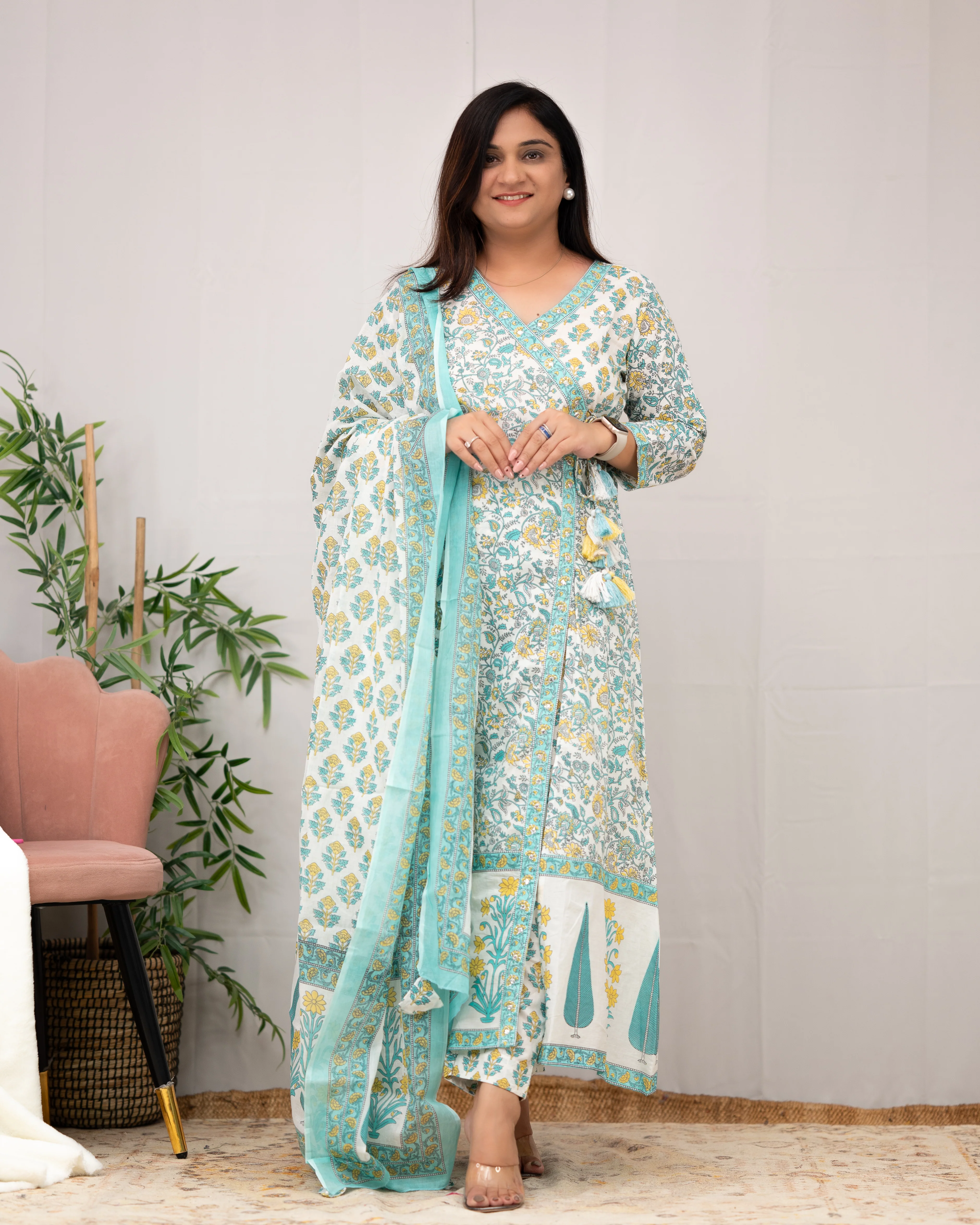Aadhaya Angrakha Handblock Front Slit Pant Set - Image 7