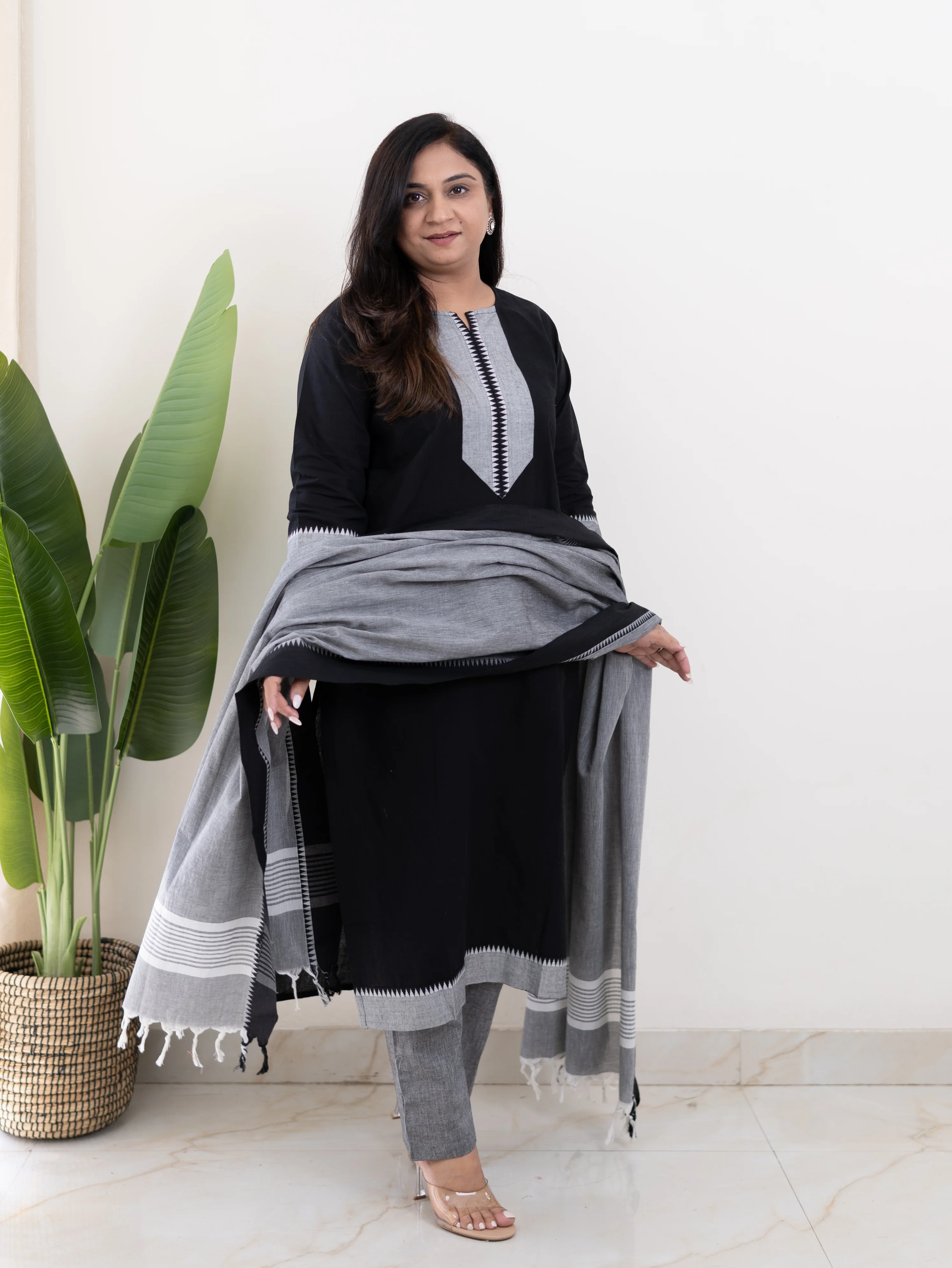 Adrita Black Handloom Cotton Straight Dupatta Set - Image 3