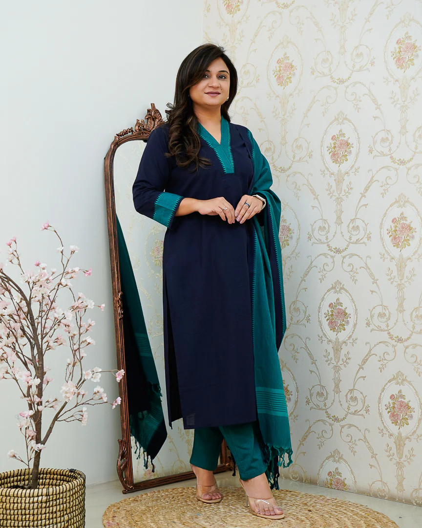 Adrita Blue Handloom Cotton Straight Pant Set - Image 2