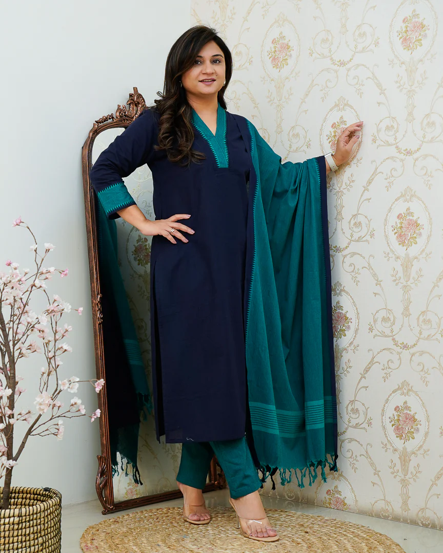 Adrita Blue Handloom Cotton Straight Pant Set - Image 3