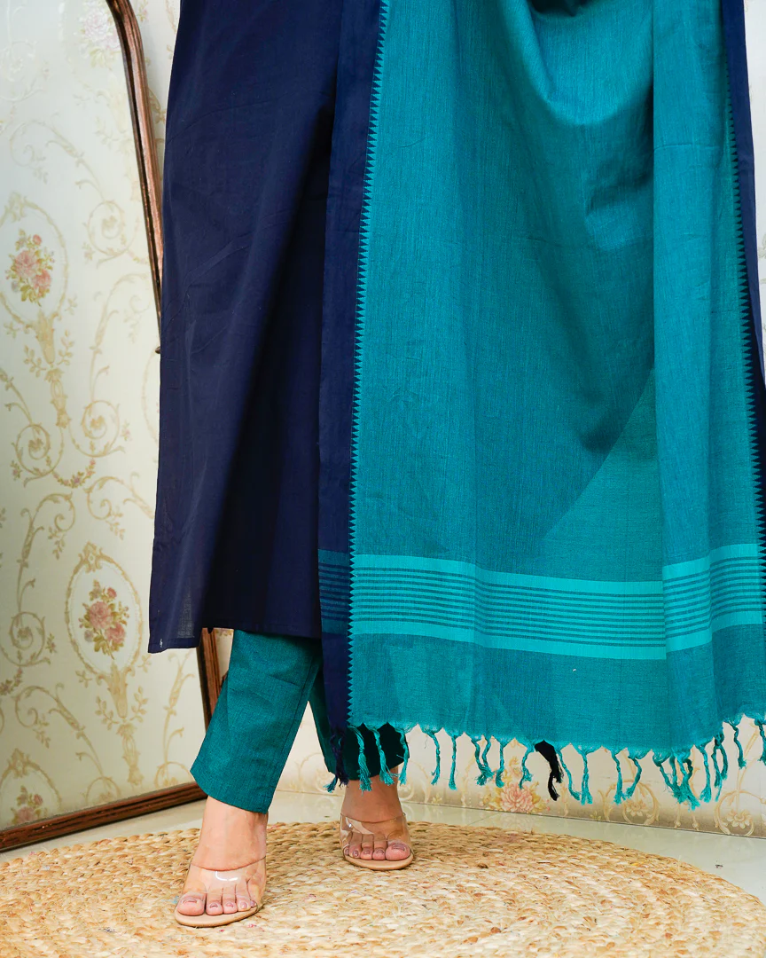 Adrita Blue Handloom Cotton Straight Pant Set - Image 8