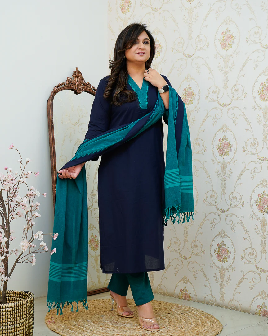 Adrita Blue Handloom Cotton Straight Pant Set - Image 9