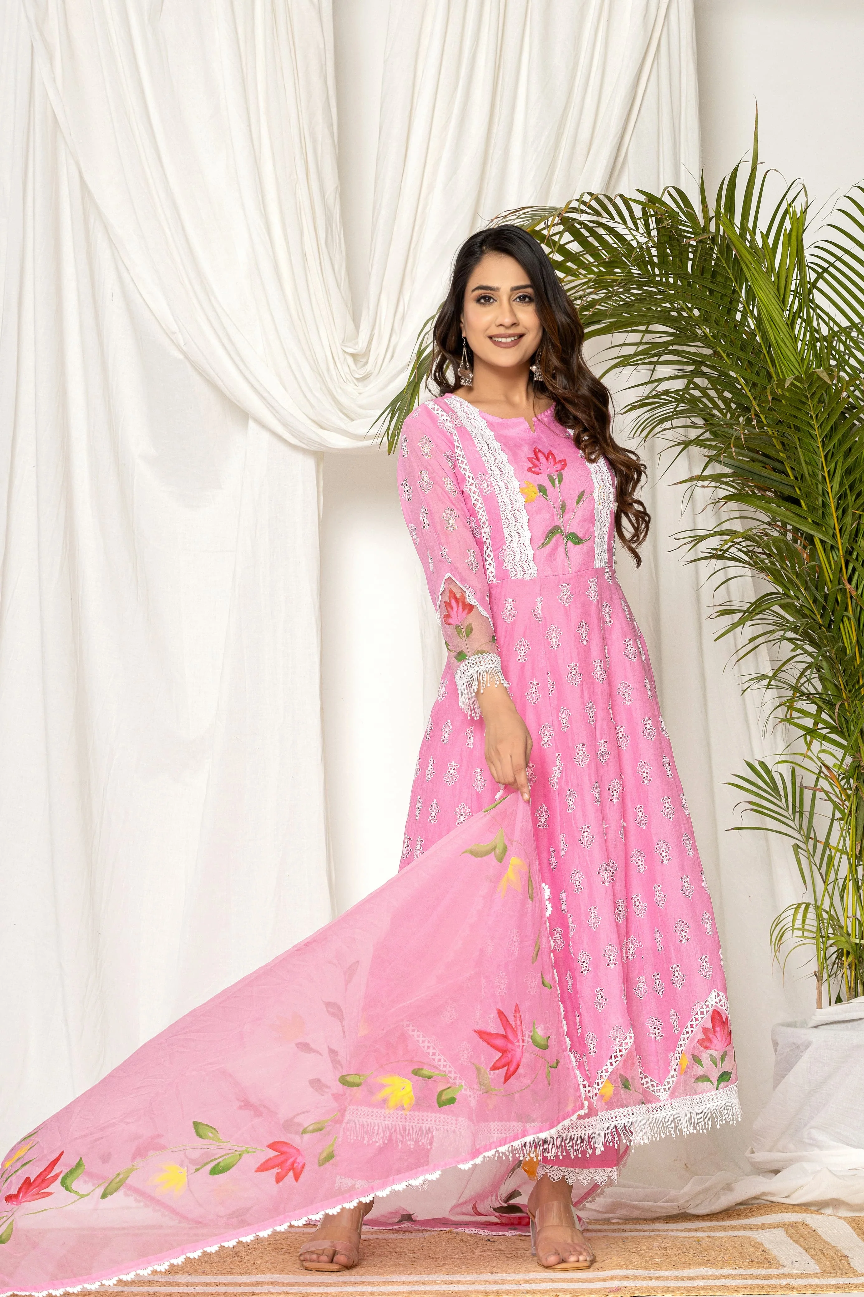 Adya Cotton Schiffli Hand Brush Painted Anarkali Set - Image 10