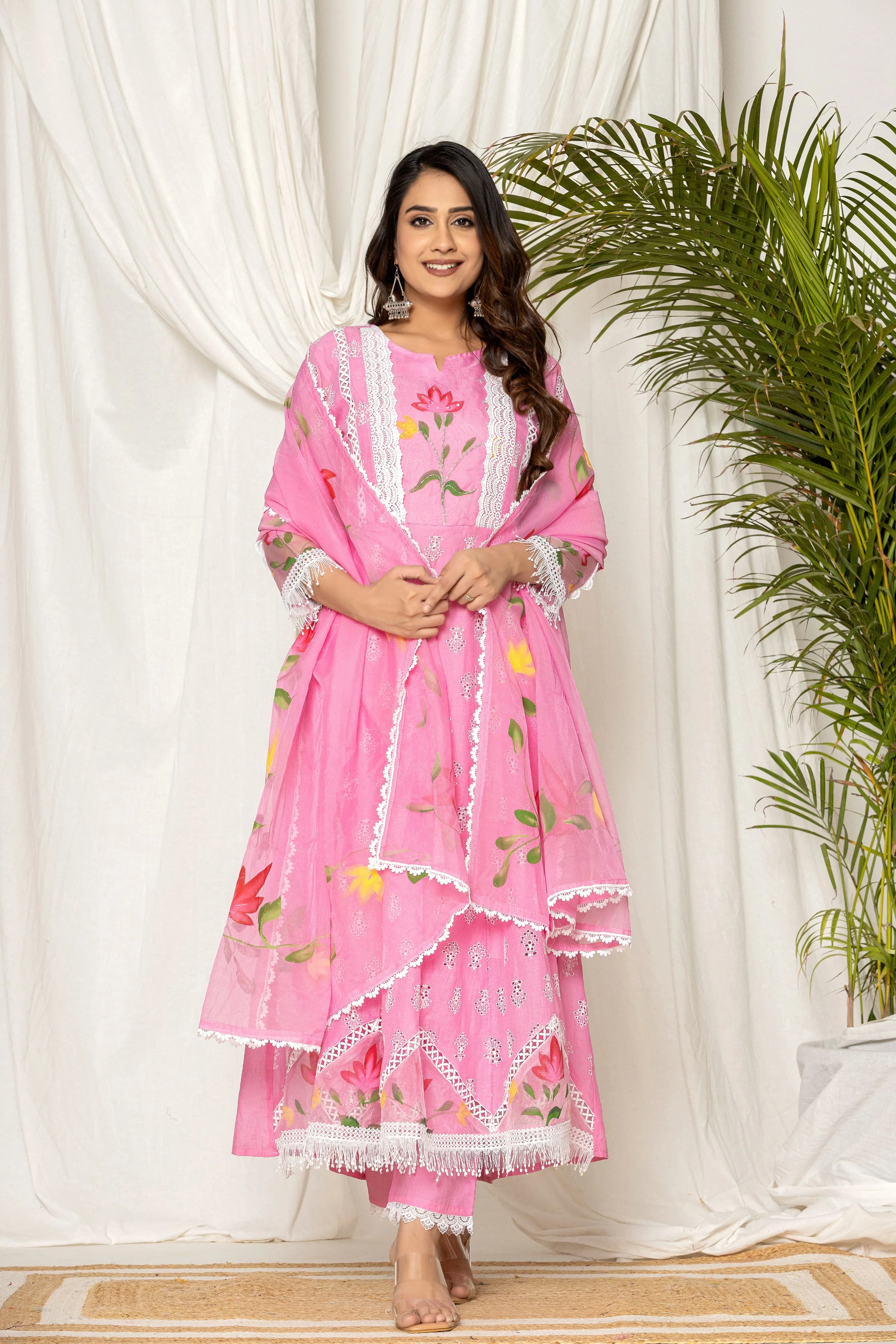 Adya Cotton Schiffli Hand Brush Painted Anarkali Set - Image 11