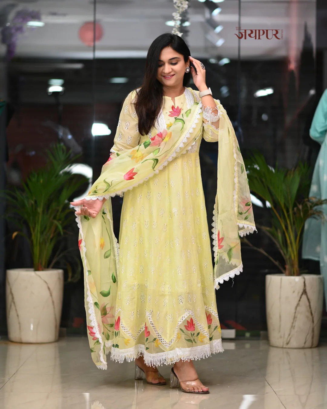 Adya Cotton Schiffli Hand Brush Painted Anarkali Set - Image 5