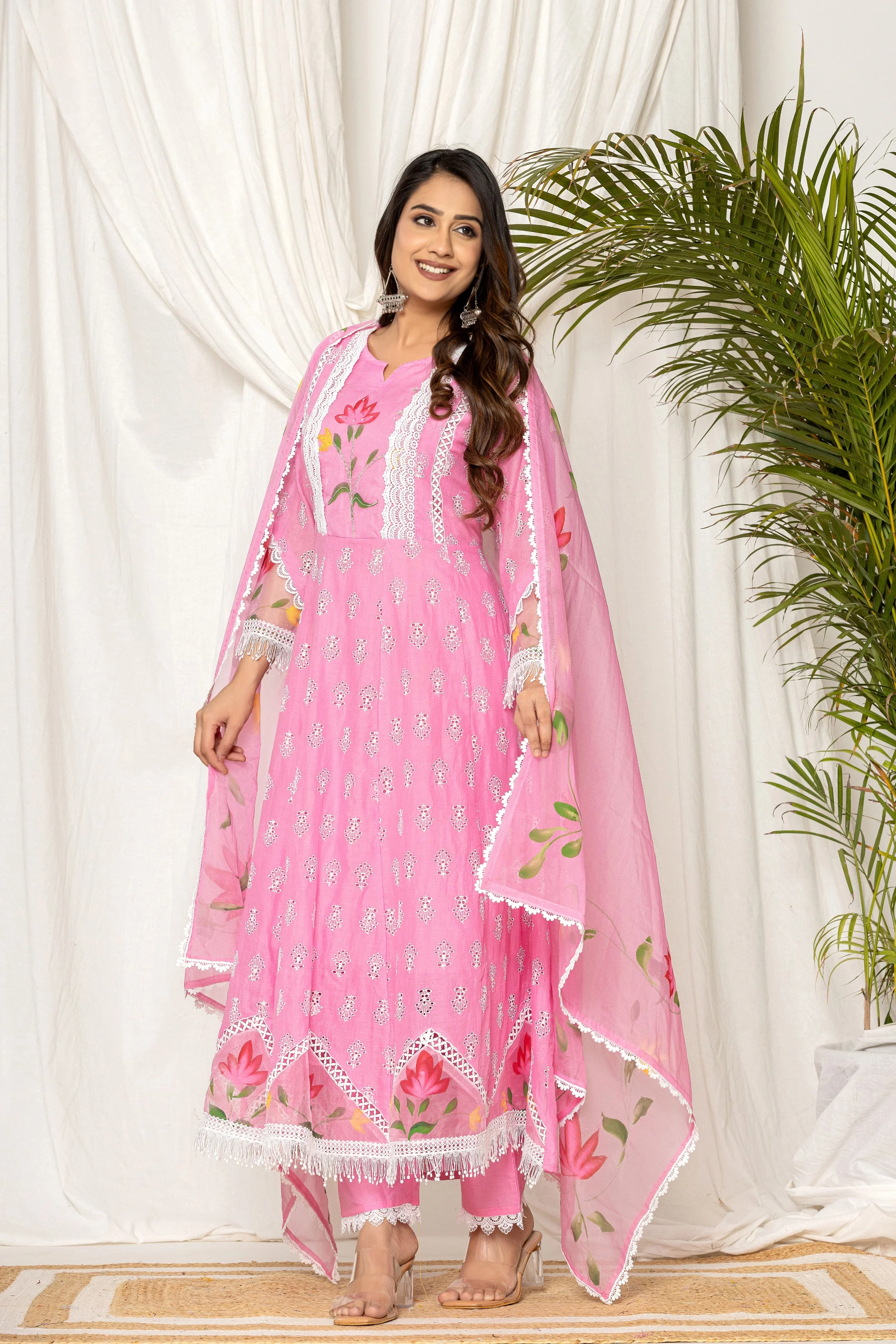 Adya Cotton Schiffli Hand Brush Painted Anarkali Set - Image 9