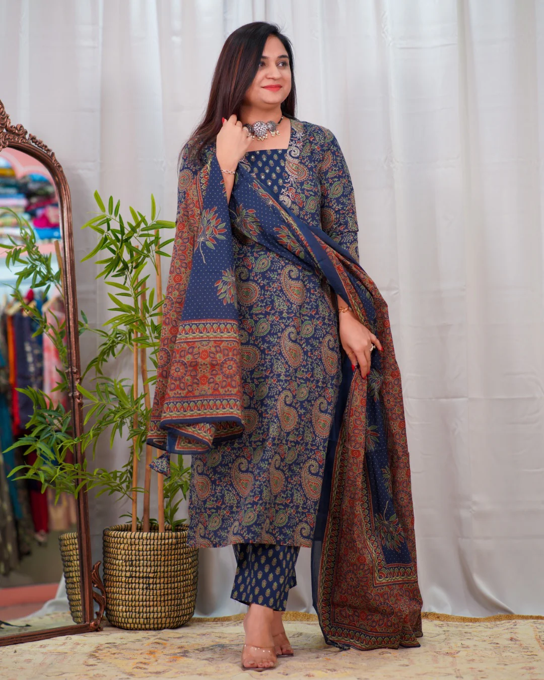 Ajrakh Print Premium Cotton Embroidered Pant Set - Image 2