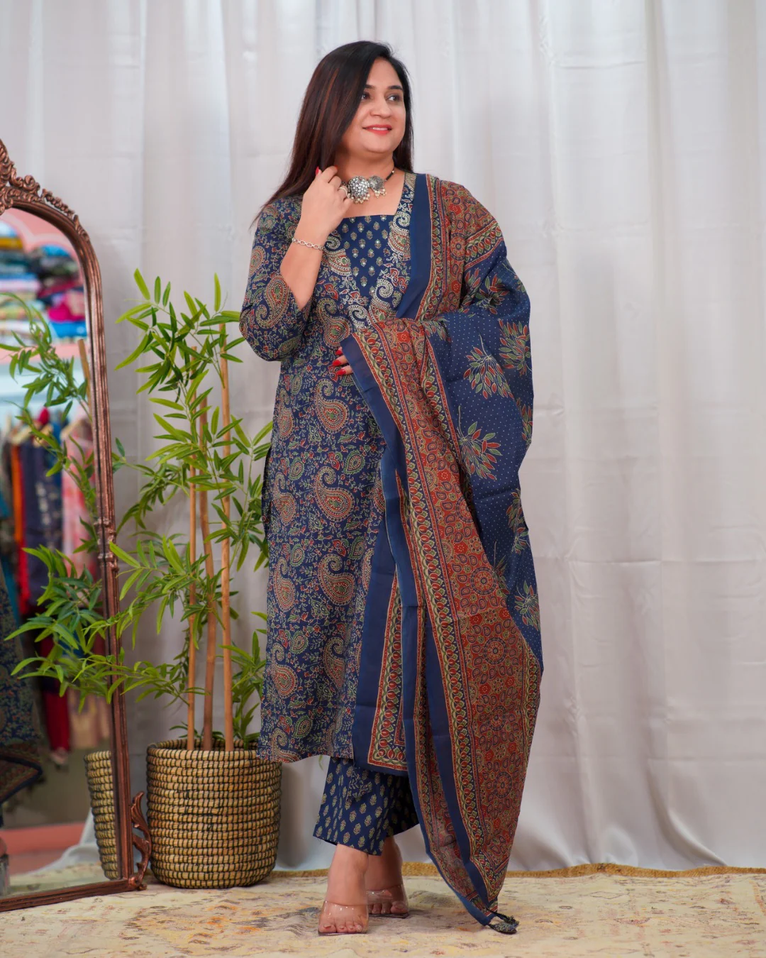 Ajrakh Print Premium Cotton Embroidered Pant Set - Image 4