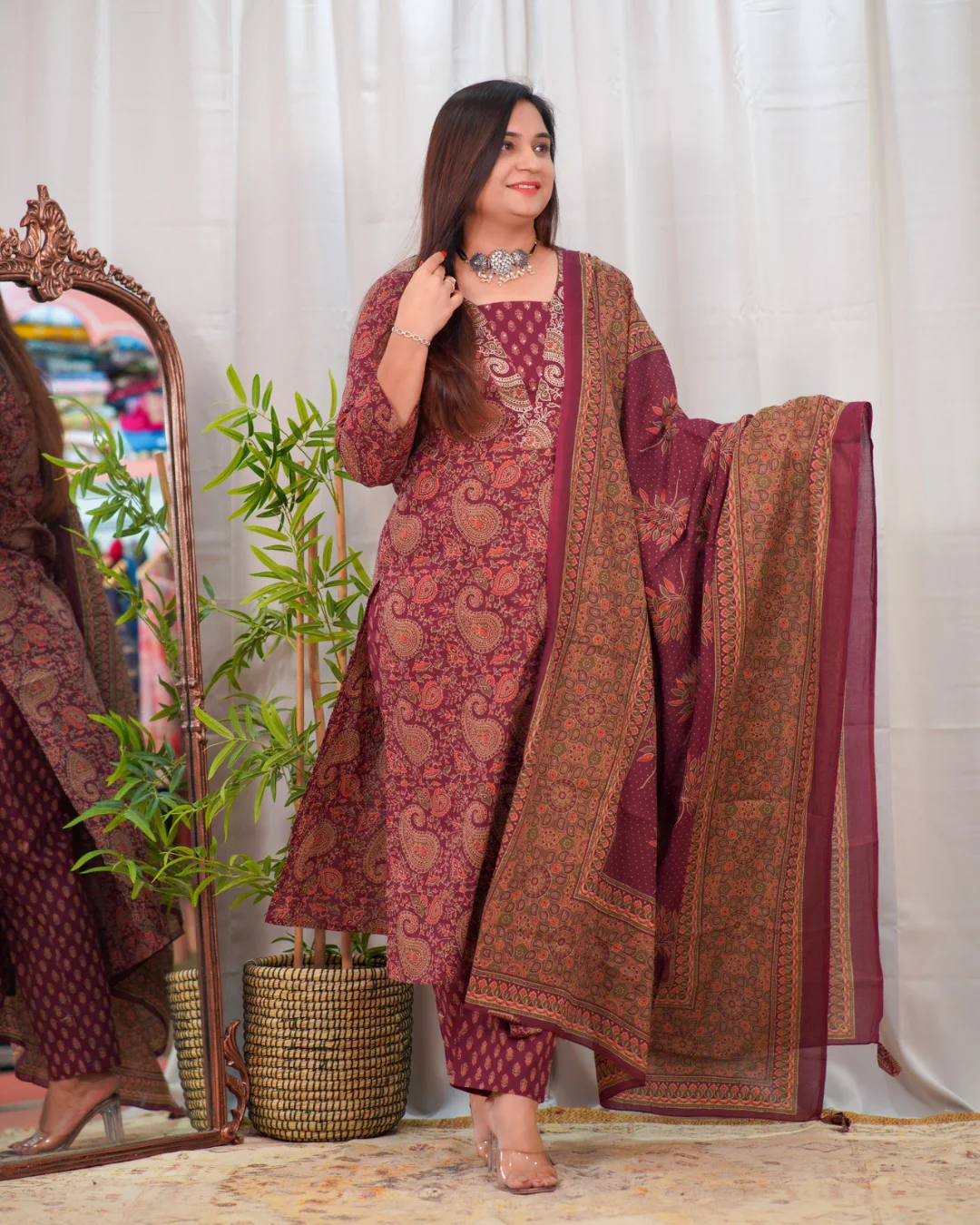 Ajrakh Print Premium Cotton Embroidered Pant Set - Image 9