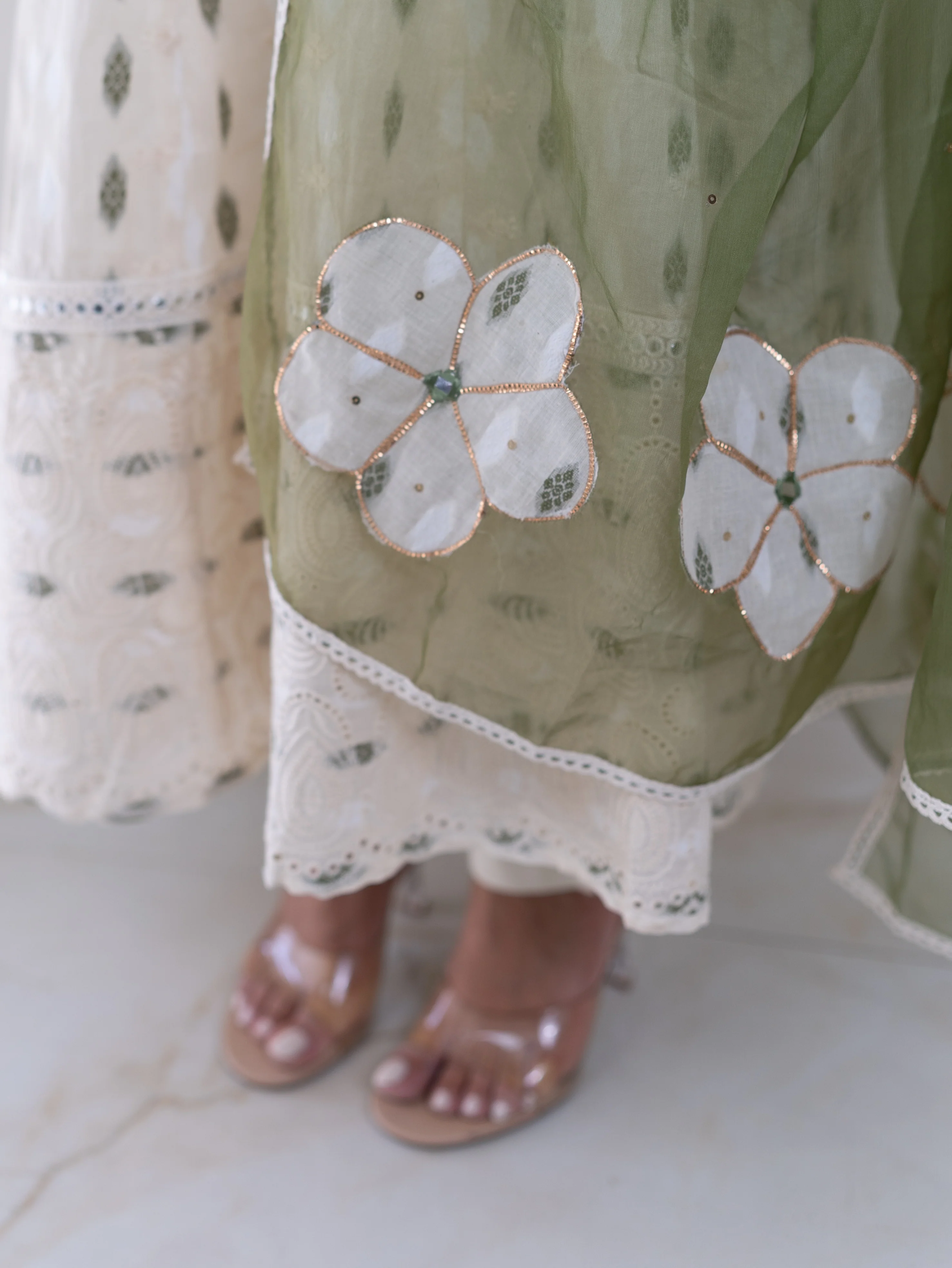 Amaisha Green Cotton Embroidered Anarkali with Applique Dupatta Set - Image 5