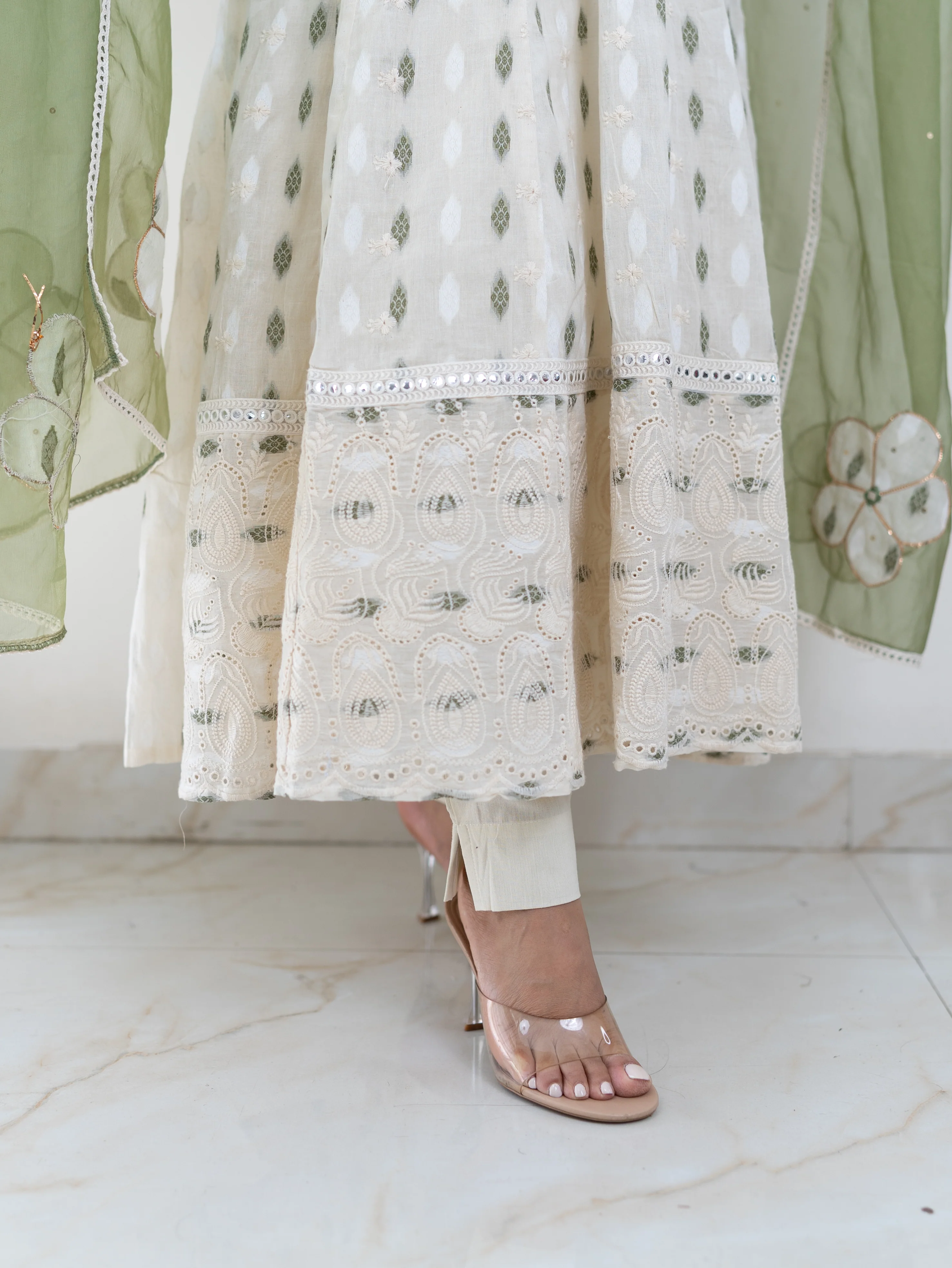 Amaisha Green Cotton Embroidered Anarkali with Applique Dupatta Set - Image 7
