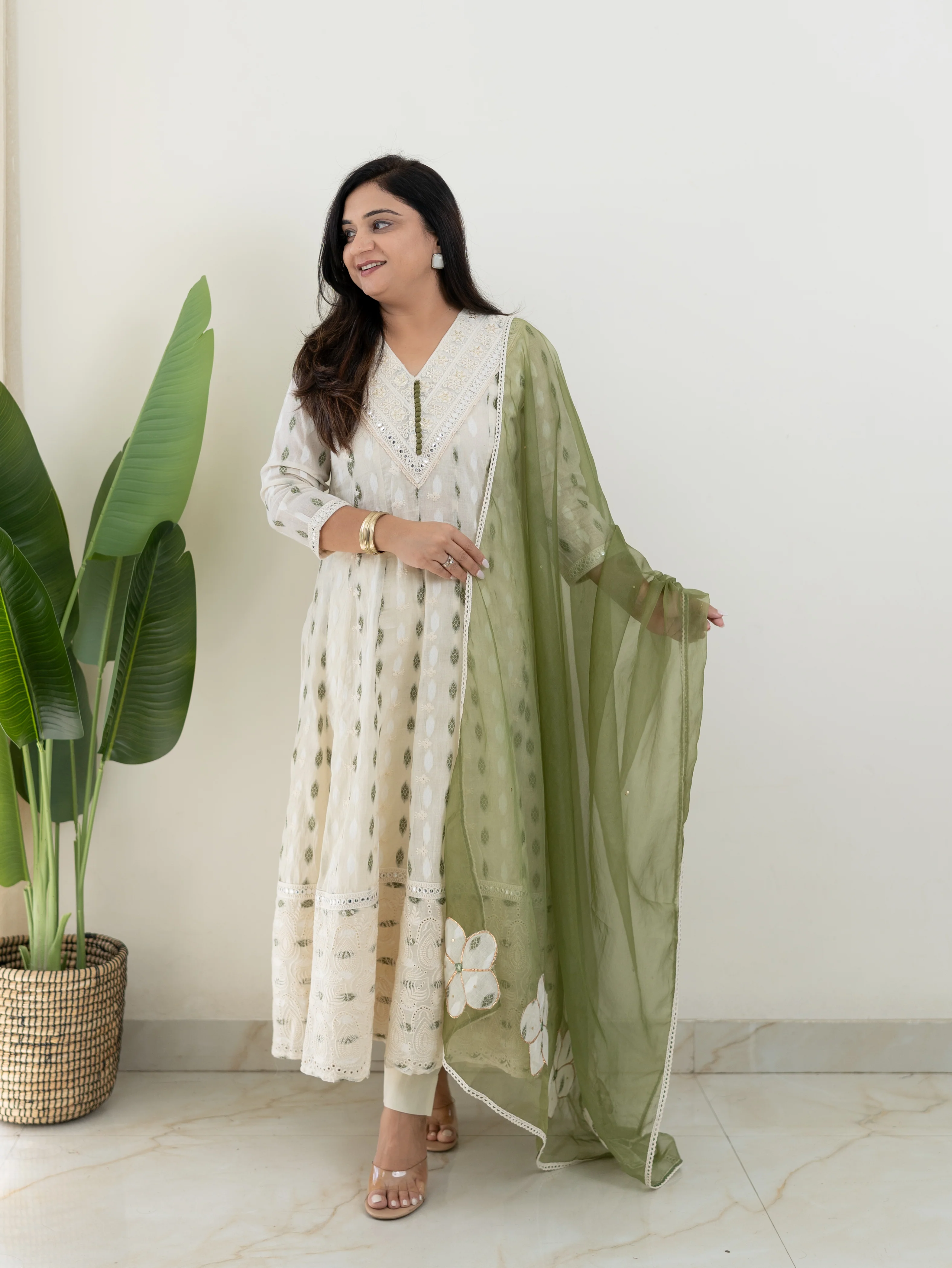 Amaisha Green Cotton Embroidered Anarkali with Applique Dupatta Set - Image 8