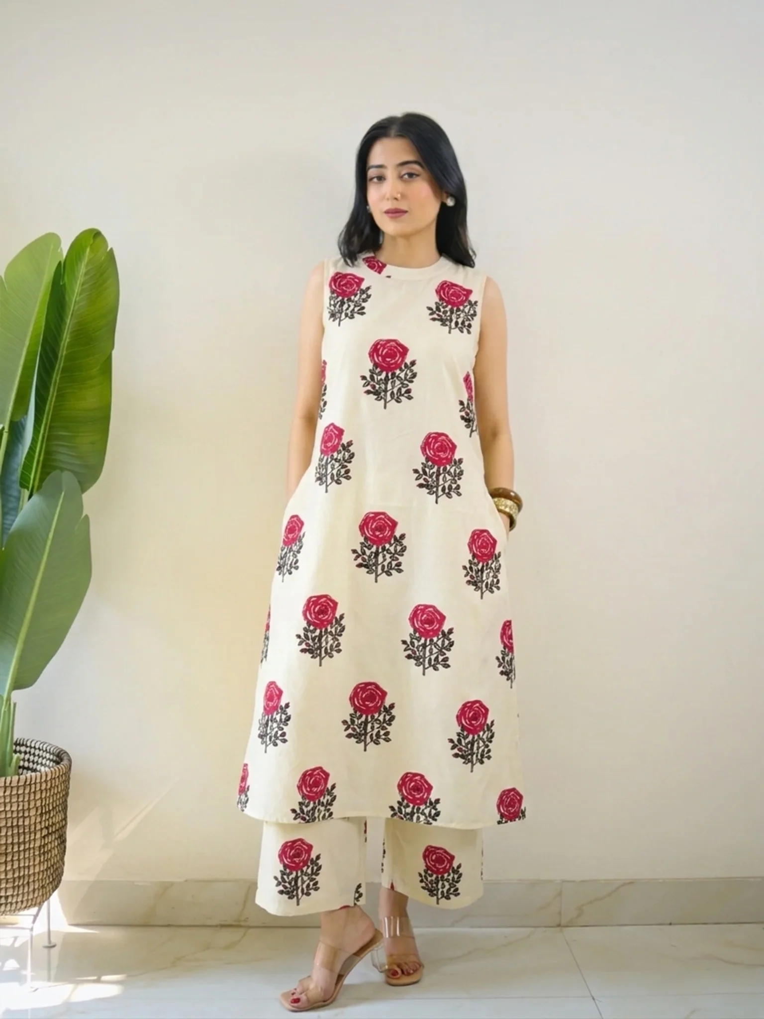 Anya White Floral Rayon A-line Coord Set