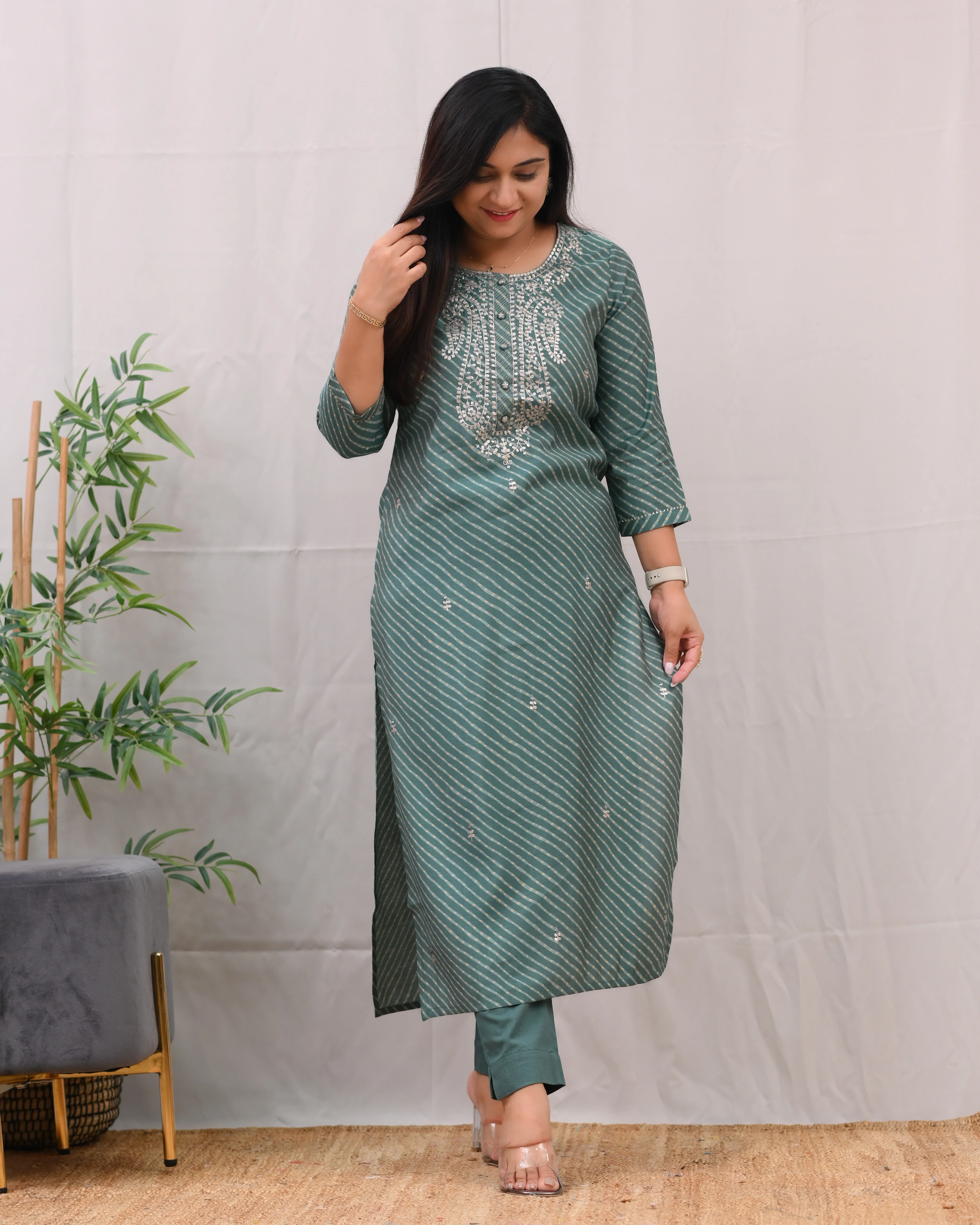 Ashika Muslin Leheriya Embroidered Pant Set - Image 3