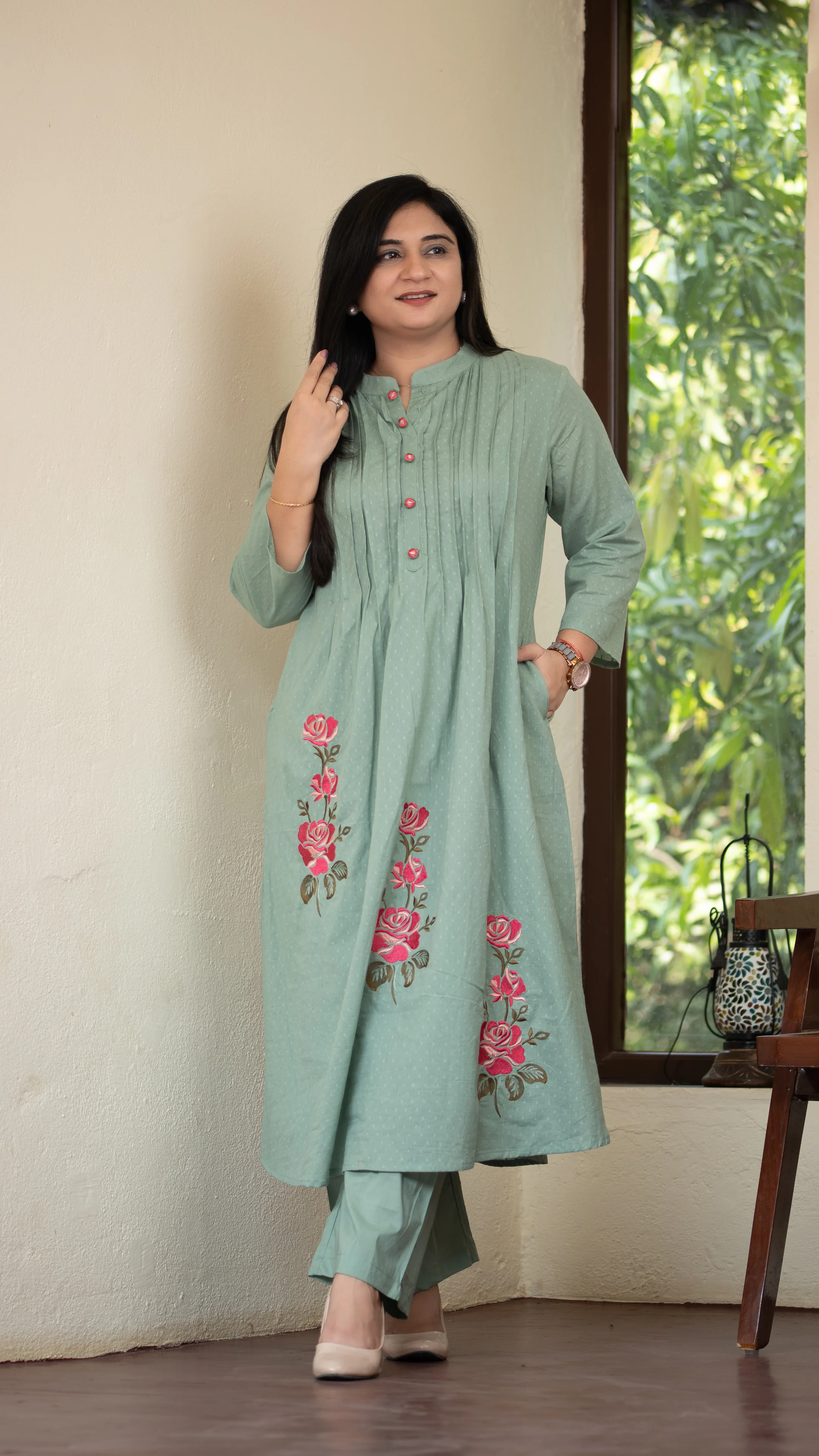 Ayaat Dobby Cotton A-line Embroidered Pant Set - Image 3