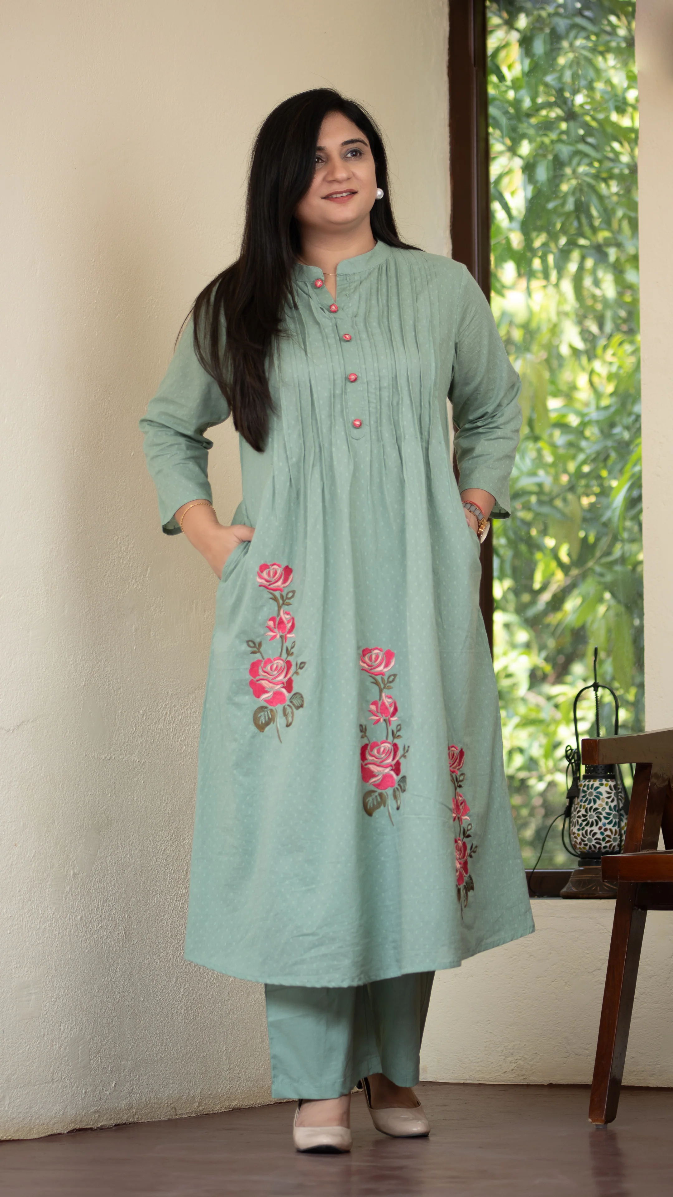 Ayaat Dobby Cotton A-line Embroidered Pant Set - Image 4
