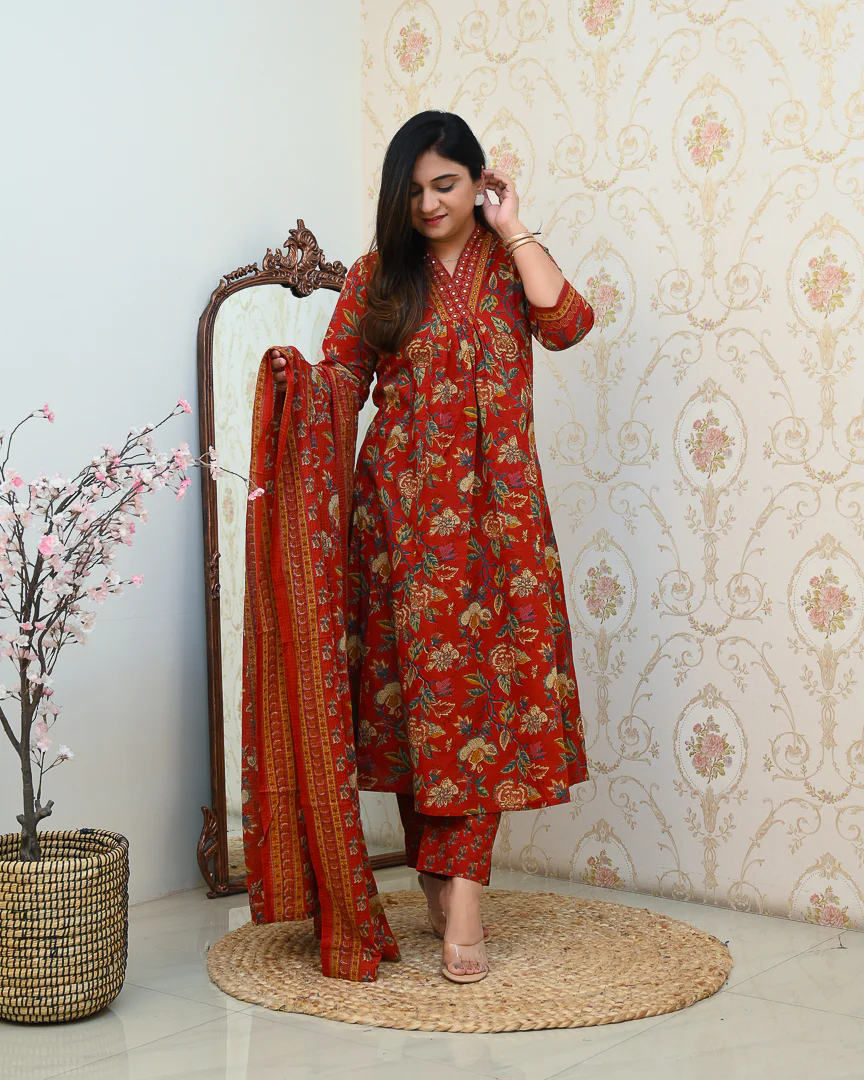 Azah Cotton Floral A-line Pant Set - Image 5
