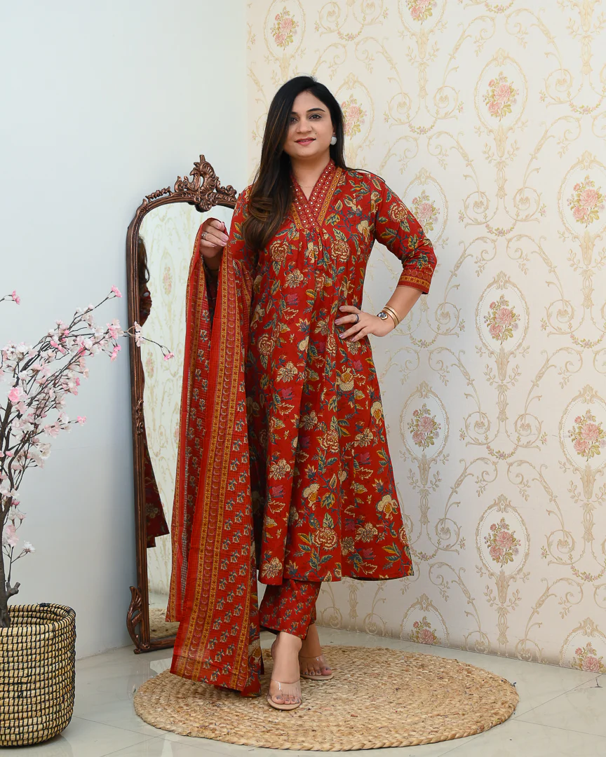 Azah Cotton Floral A-line Pant Set - Image 9