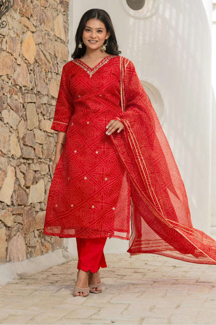 Bandhani Kota Doria Embroidered Pant Set - Image 3