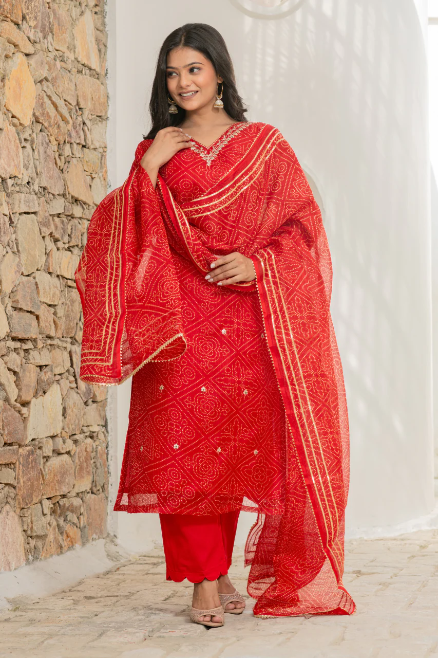Bandhani Kota Doria Embroidered Pant Set - Image 4