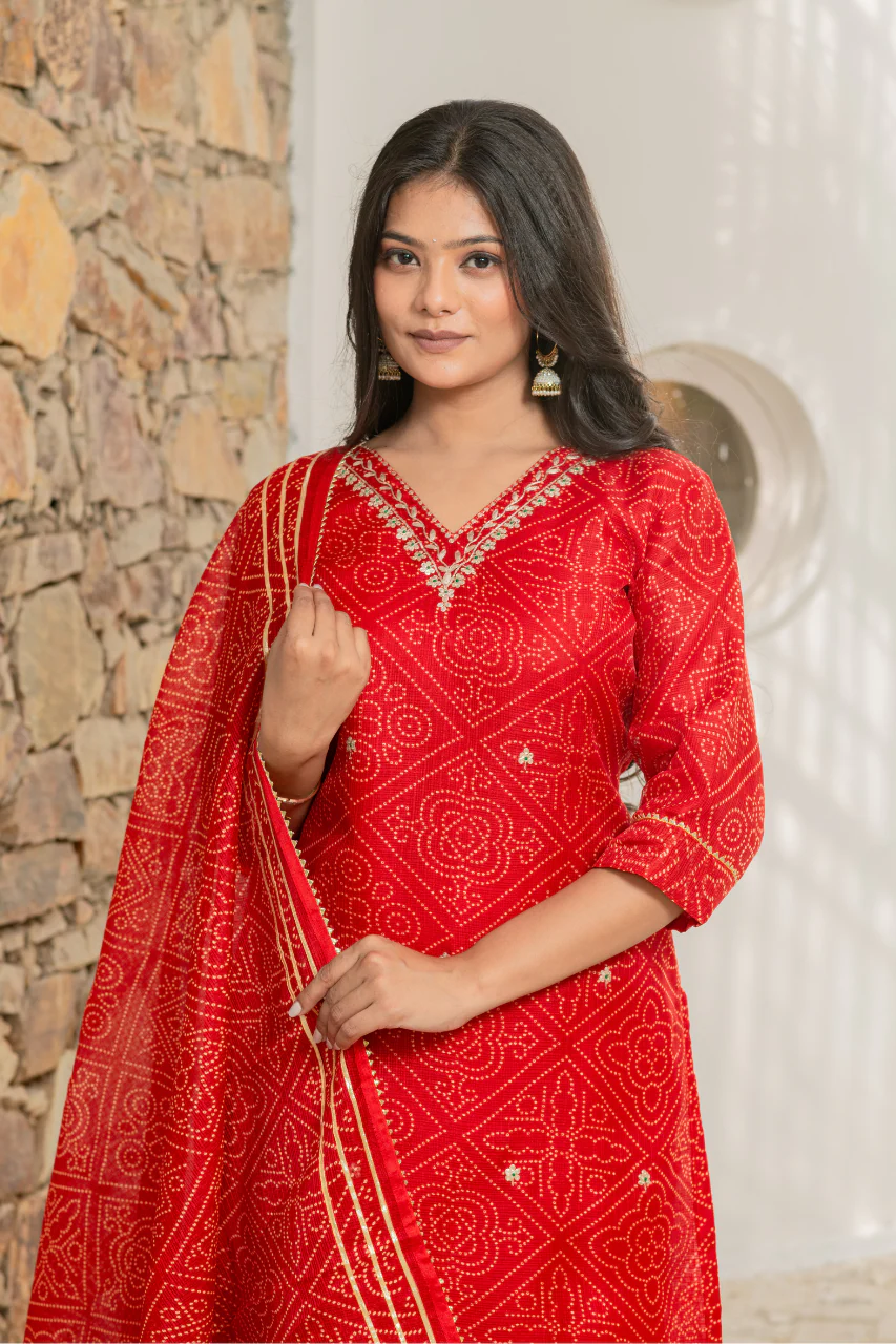 Bandhani Kota Doria Embroidered Pant Set - Image 6