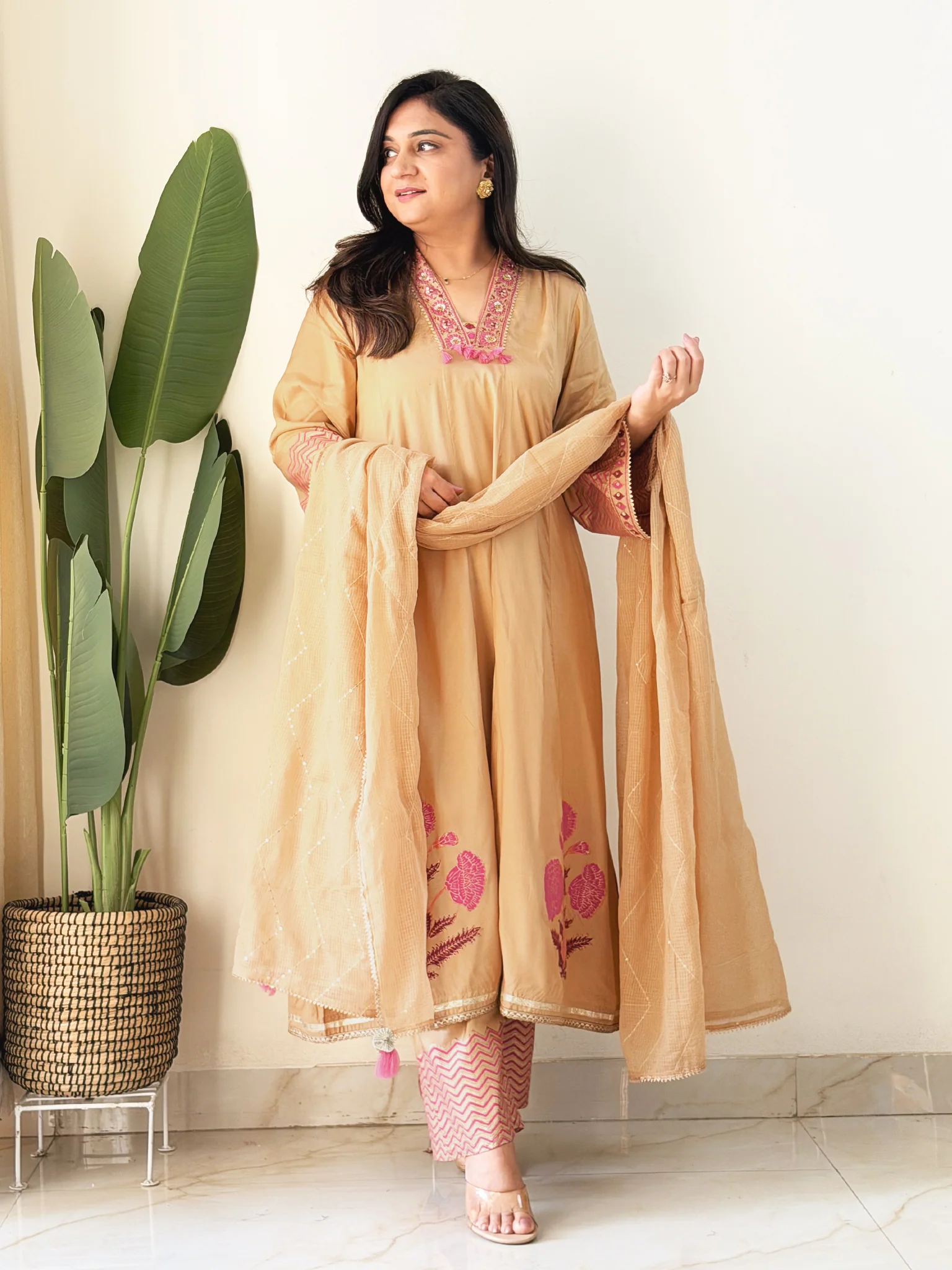 Jasmine Beige Muslin HandEmbroidered Anarkali Dupatta Set - Image 4