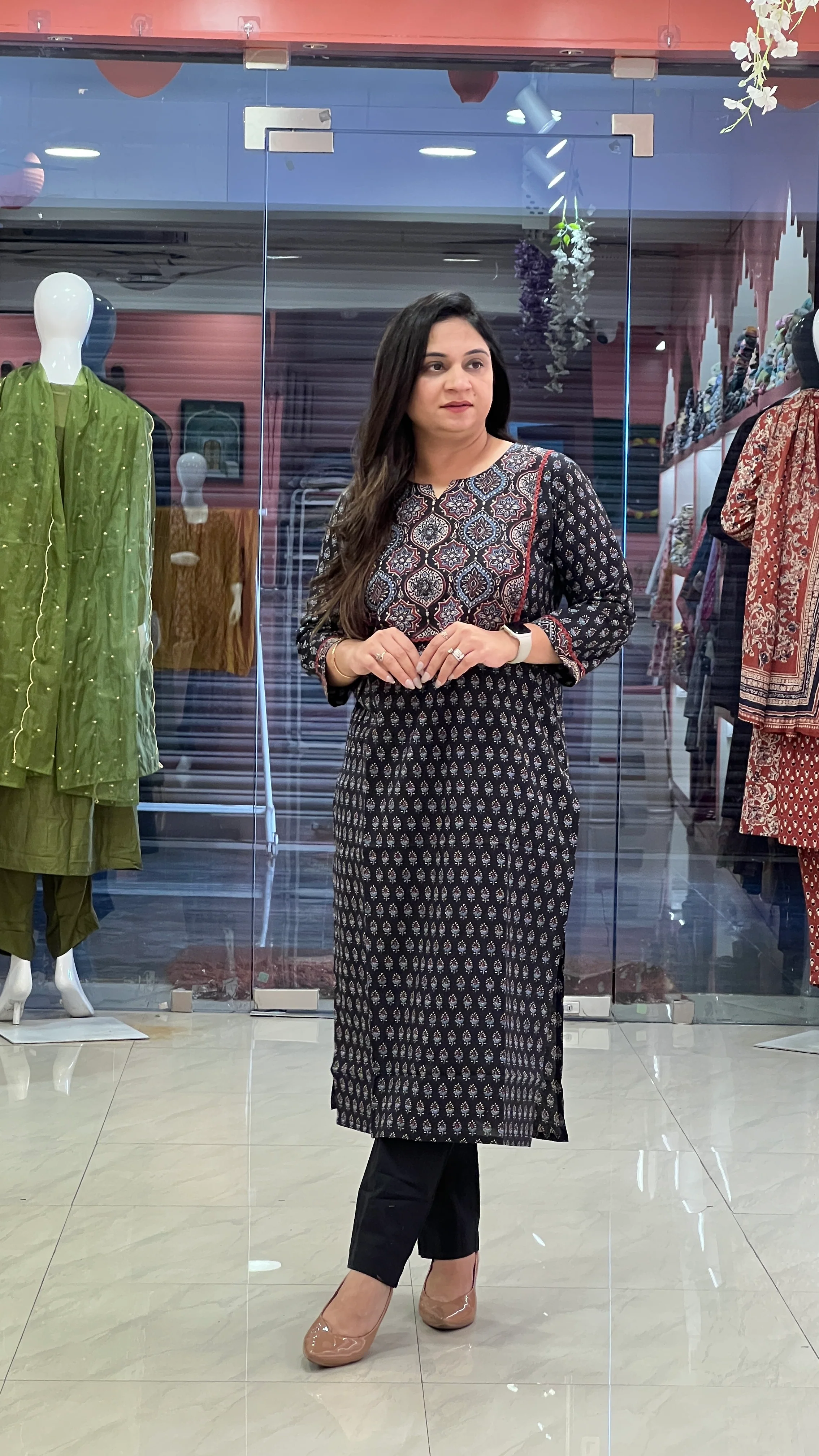 Black Ajrakh Cotton Casual Straight Kurta - Image 4