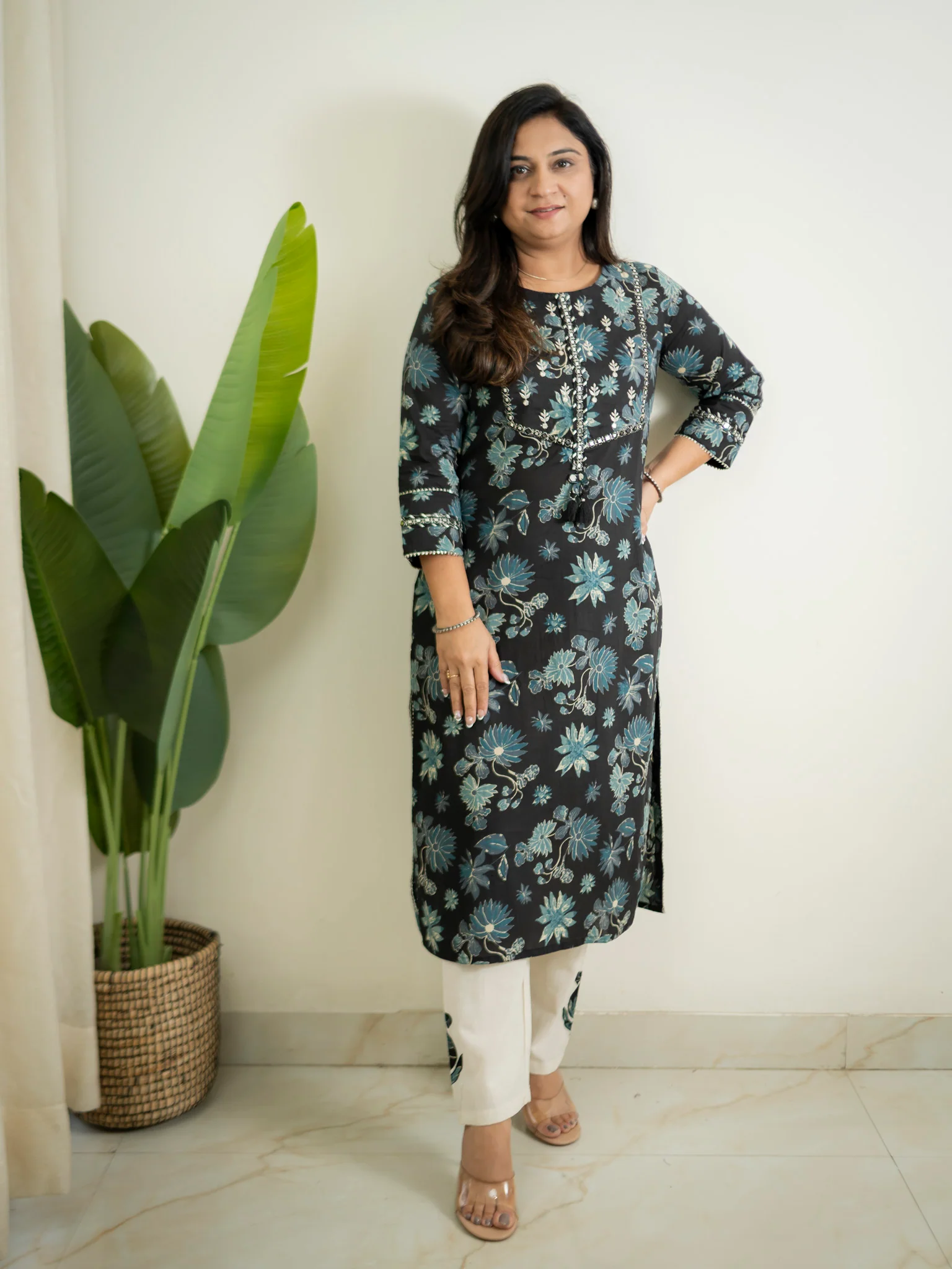 Latika Black Cotton Applique Embroidered Casual Pant Set - Image 2