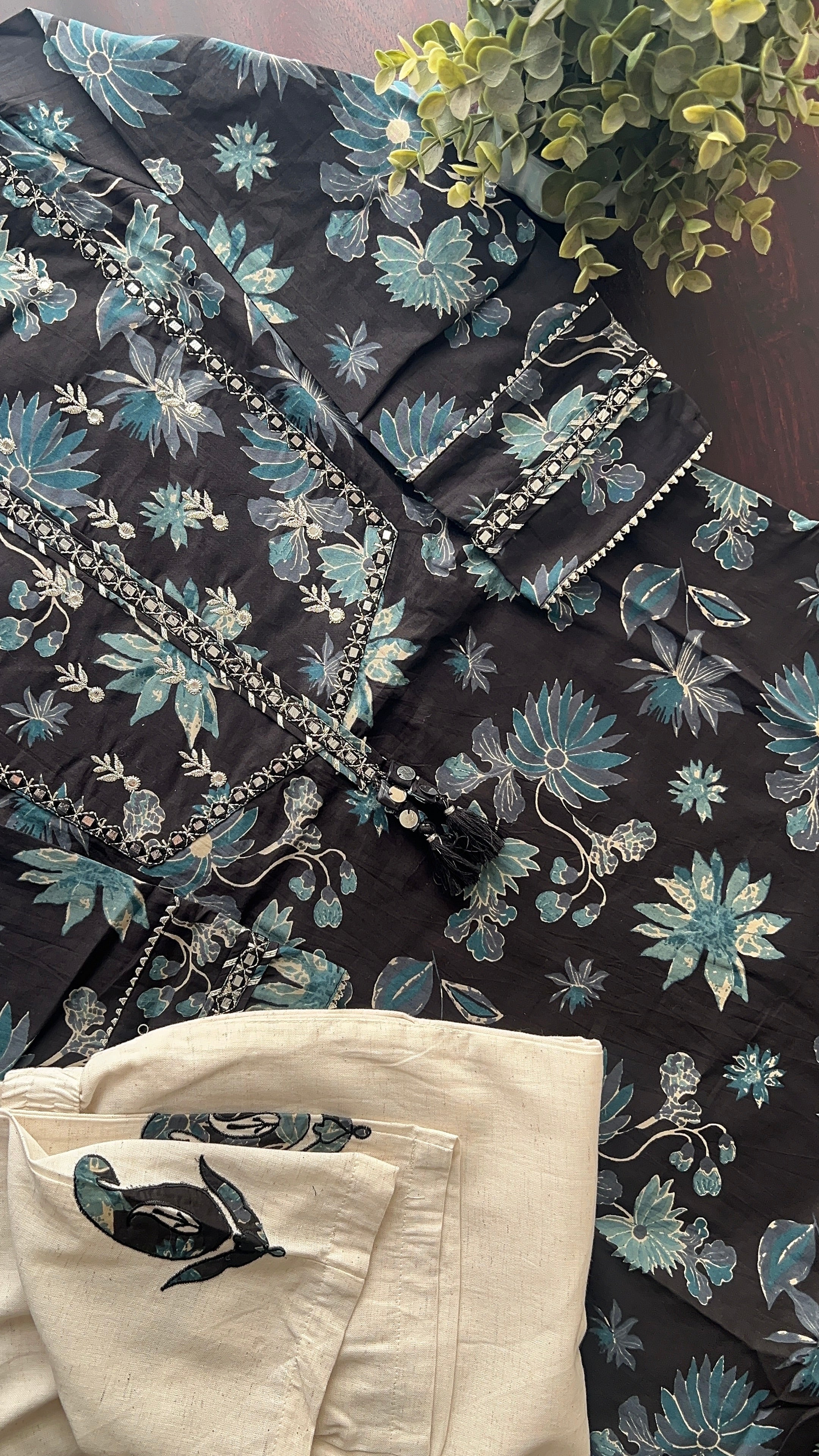 Latika Black Cotton Applique Embroidered Casual Pant Set - Image 4
