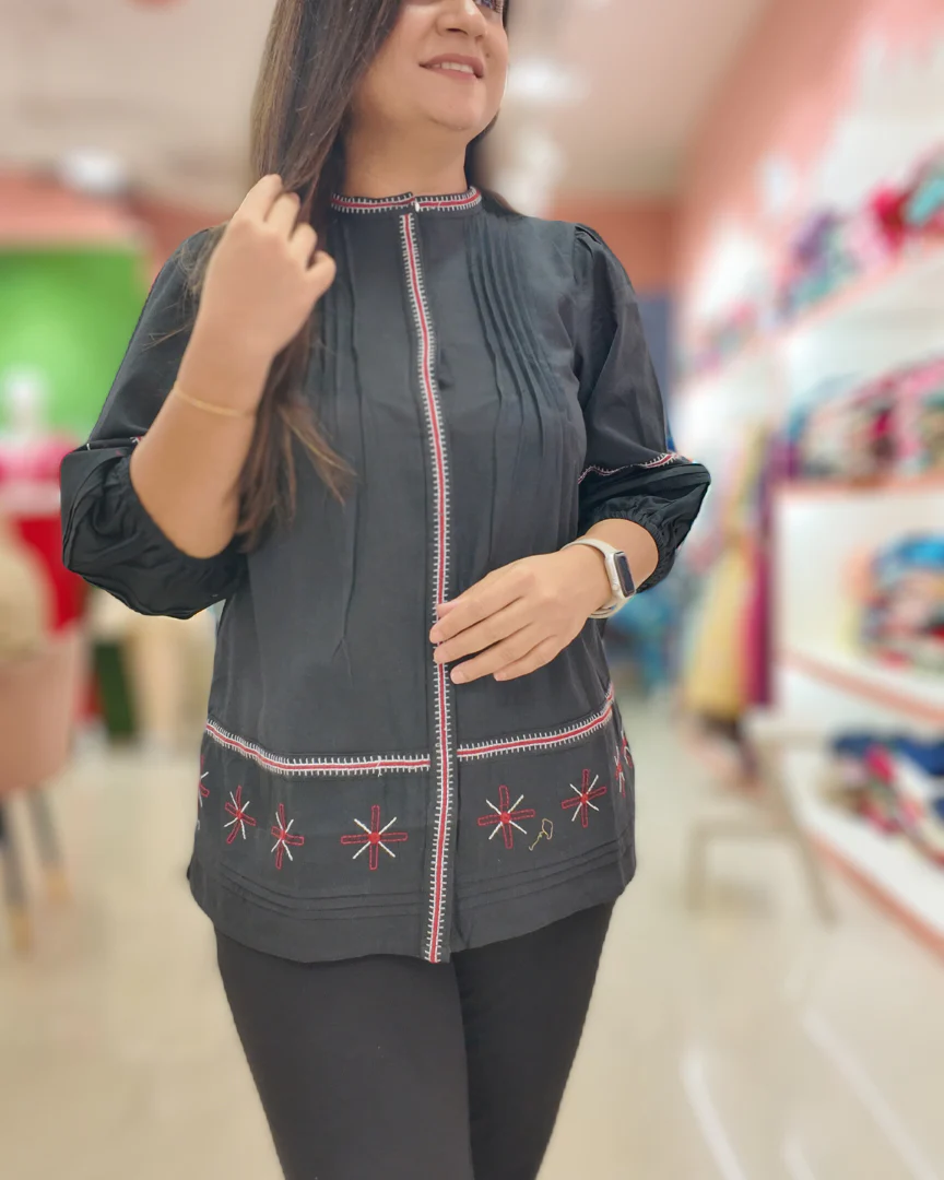 Black Cotton Embroidered Casual Short Top - Image 5