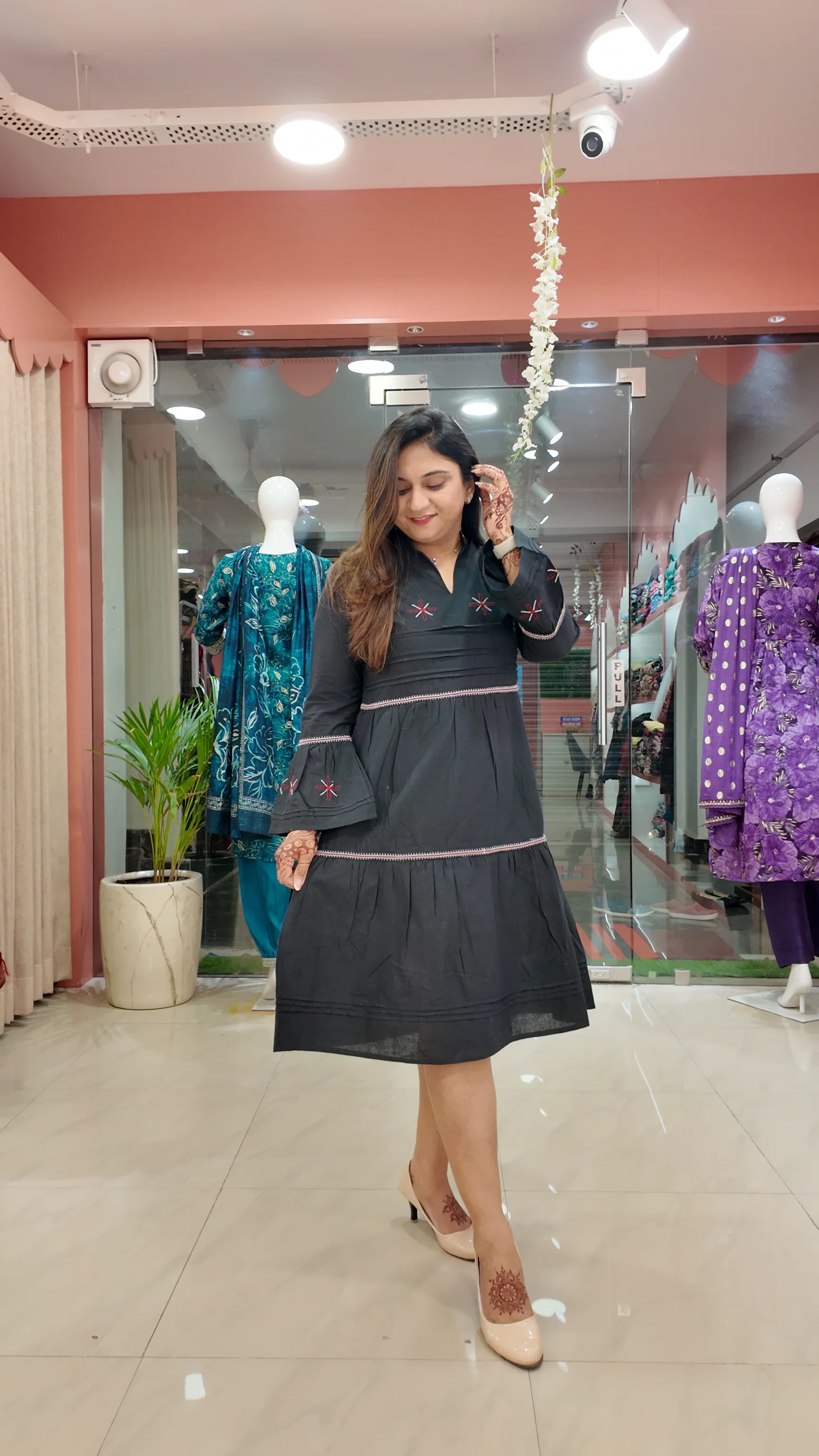 Black Cotton Embroidered Dress - Image 3