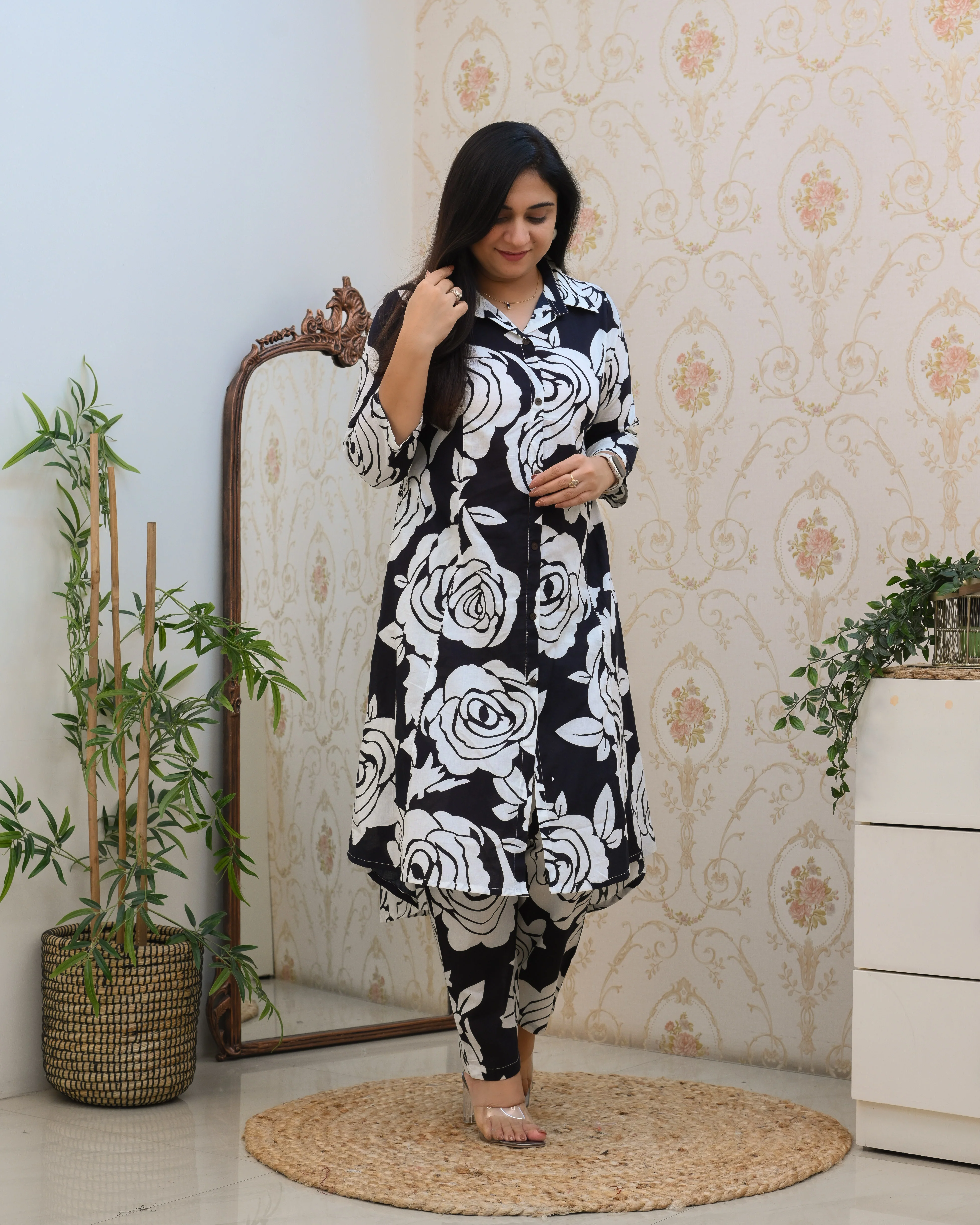 Black Floral A-line Cotton Coord Set - Image 3