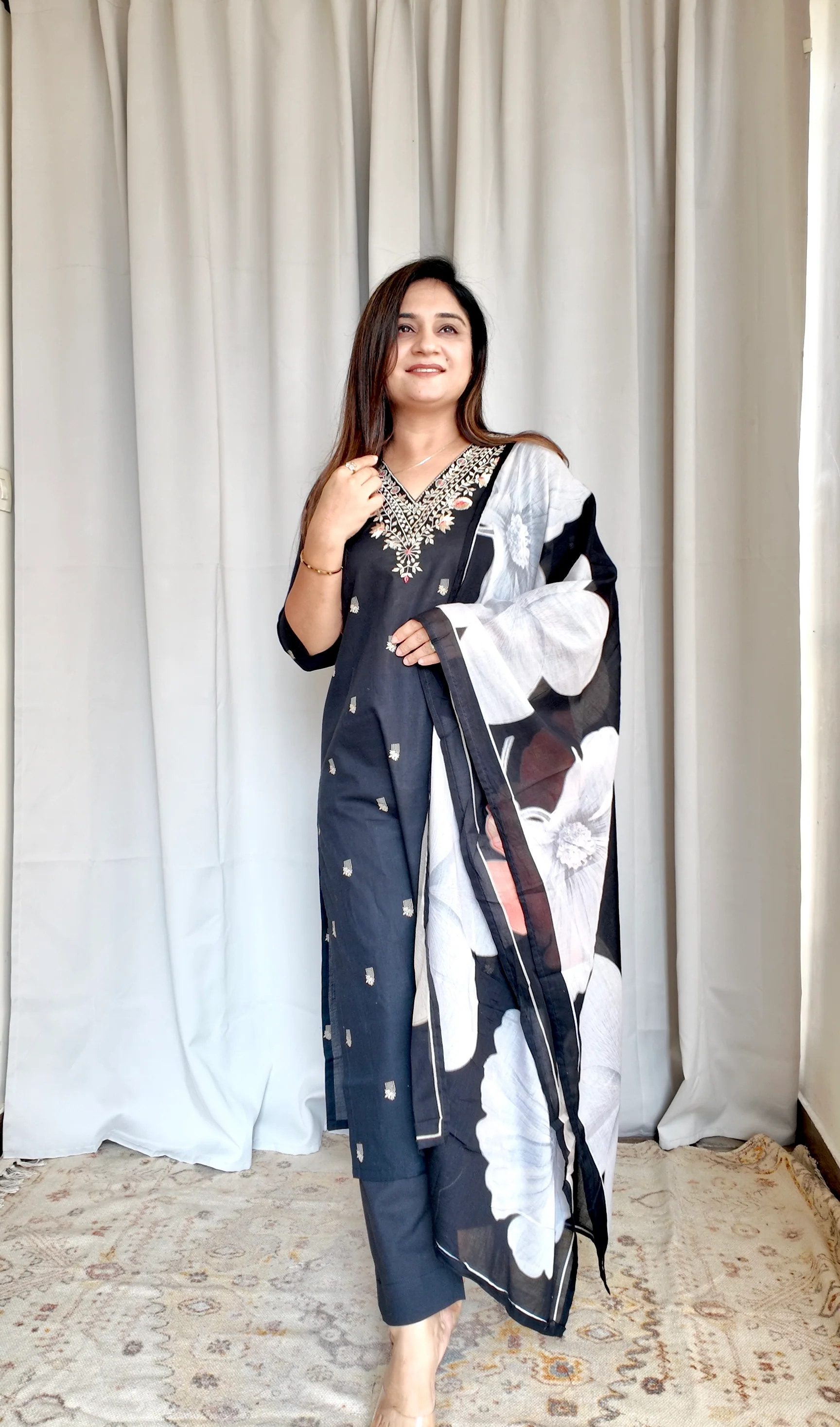 Black Floral Cotton Embroidered Pant Set - Image 2