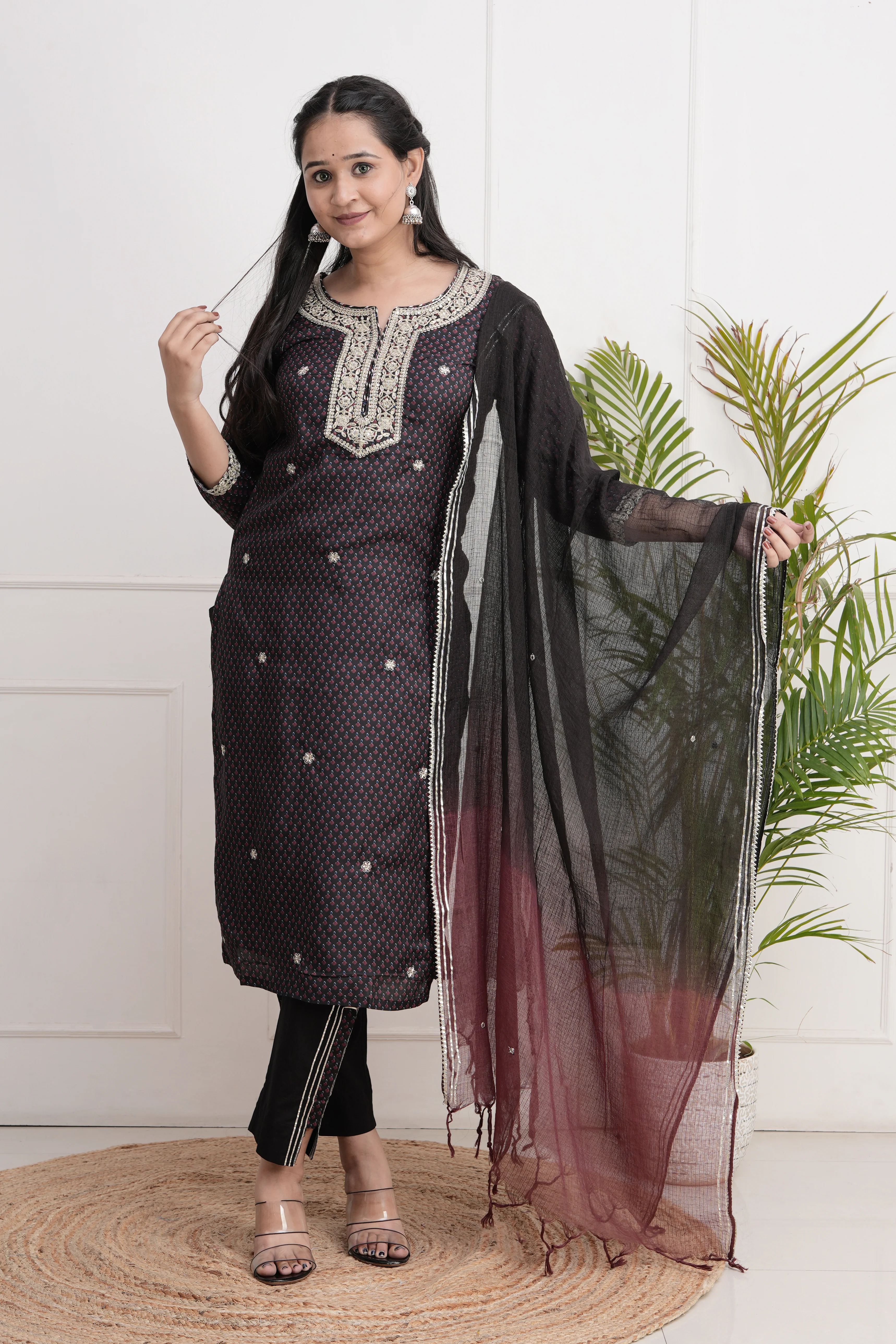Black Muslin Kurta with Lining along with stylish Pant - Image 5