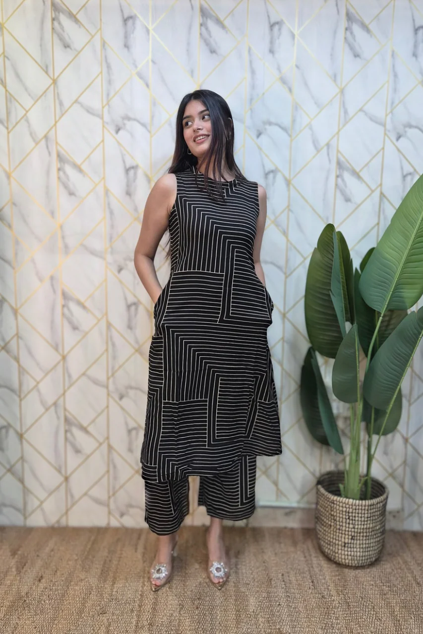 Black Rayon Strips Print A-line Coord Set - Image 6