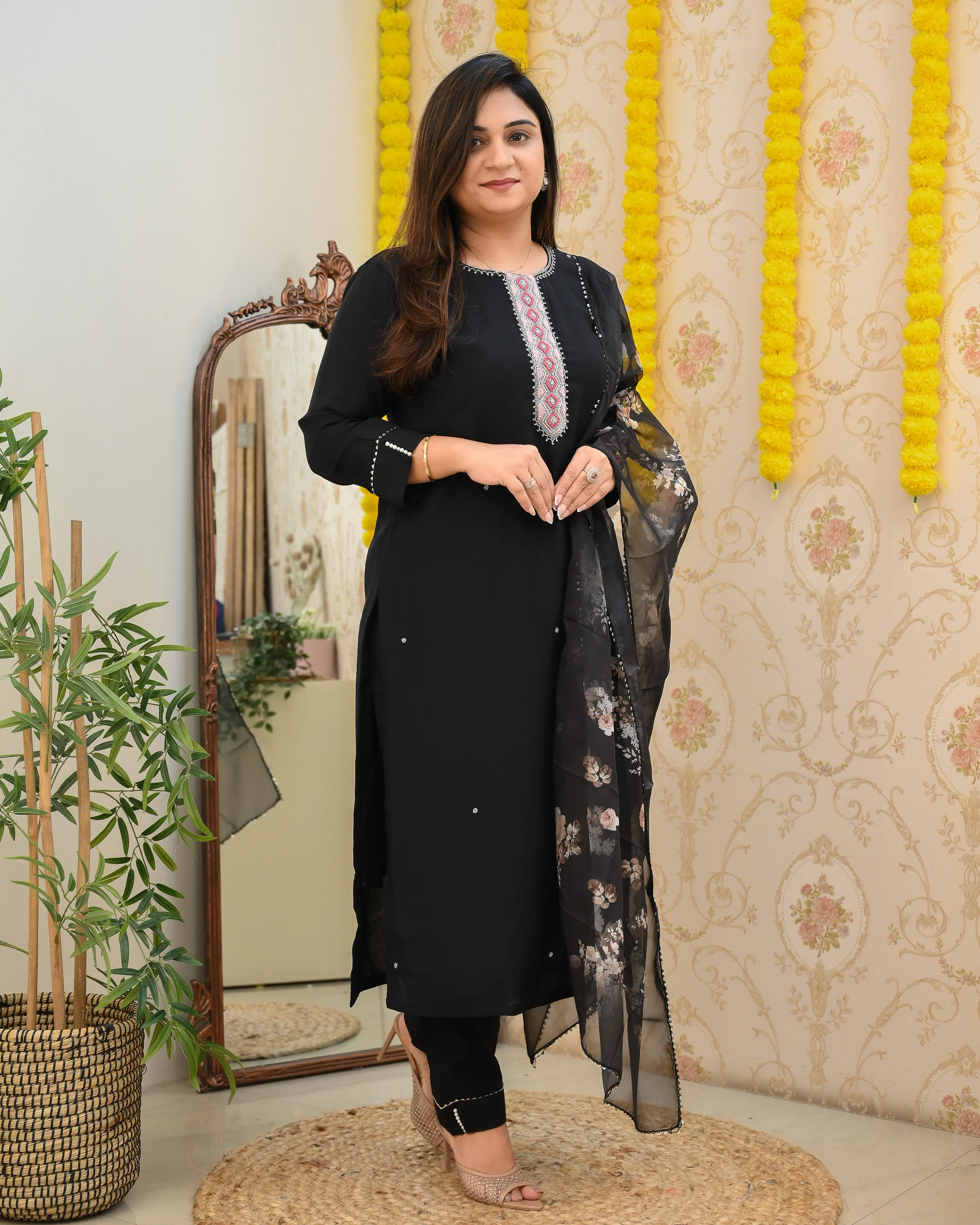 Black Silk HandEmbroidered Floral Pant Set - Image 2