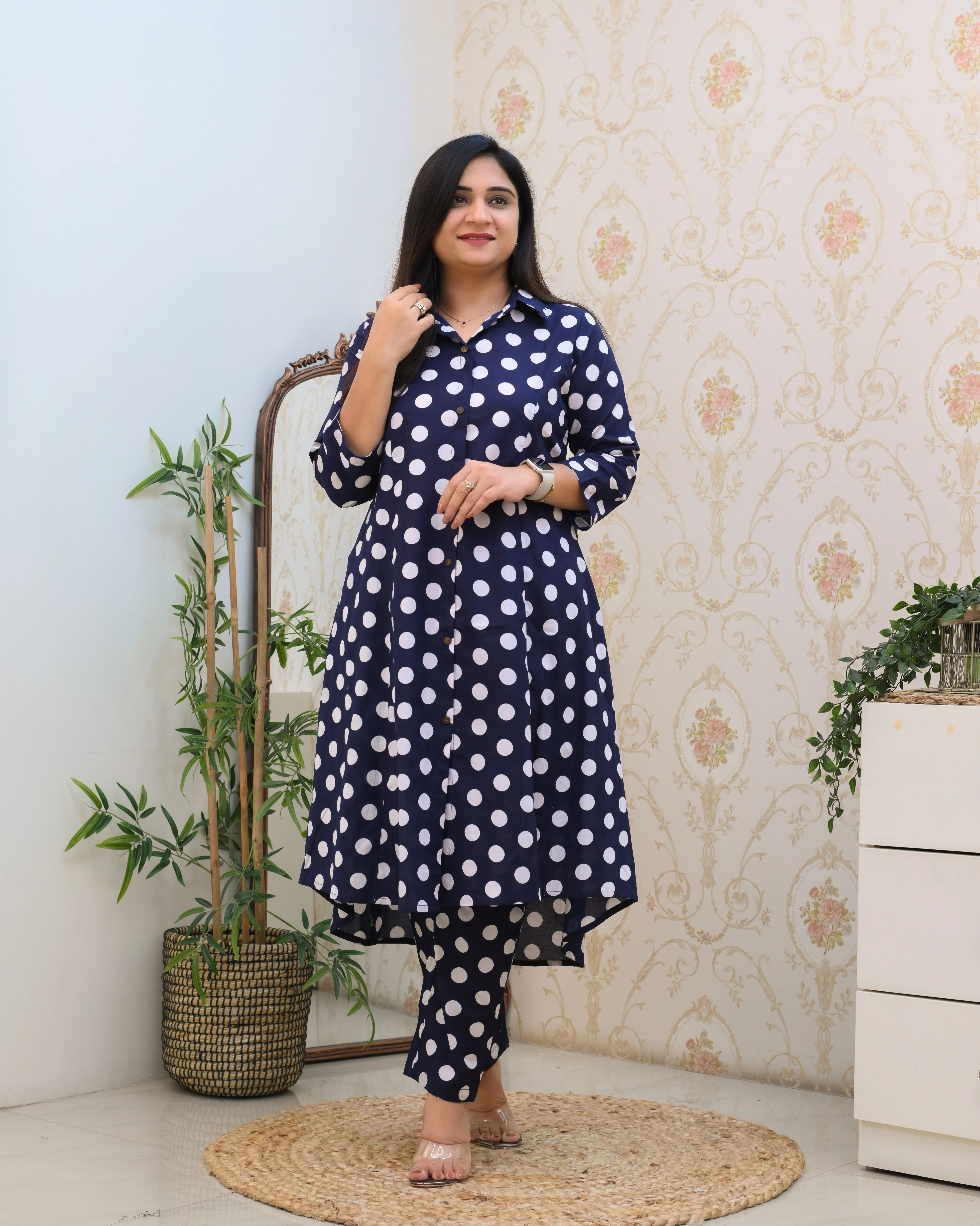 Blue And White Polka A-line Cotton Coord Set - Image 2