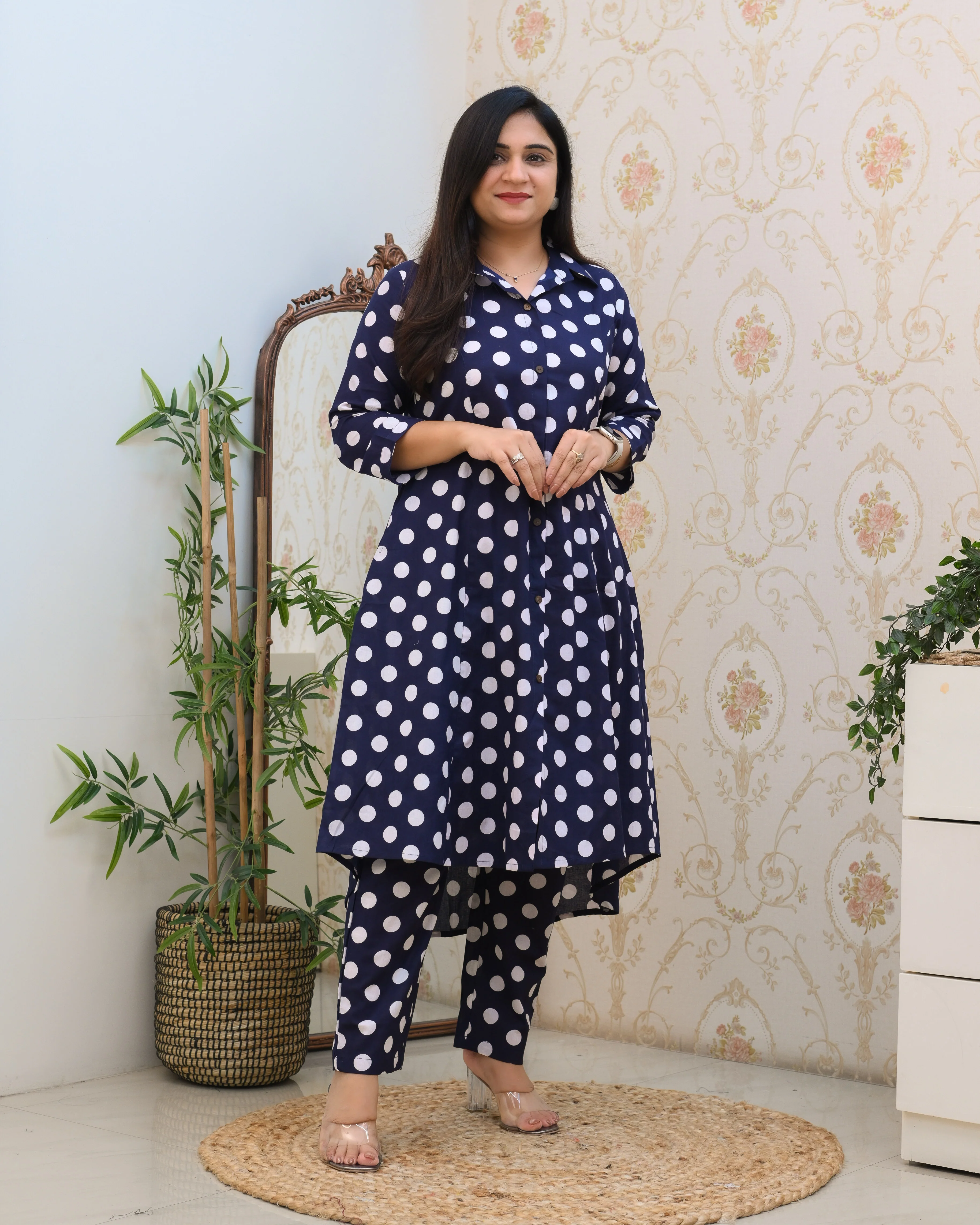 Blue And White Polka A-line Cotton Coord Set - Image 3