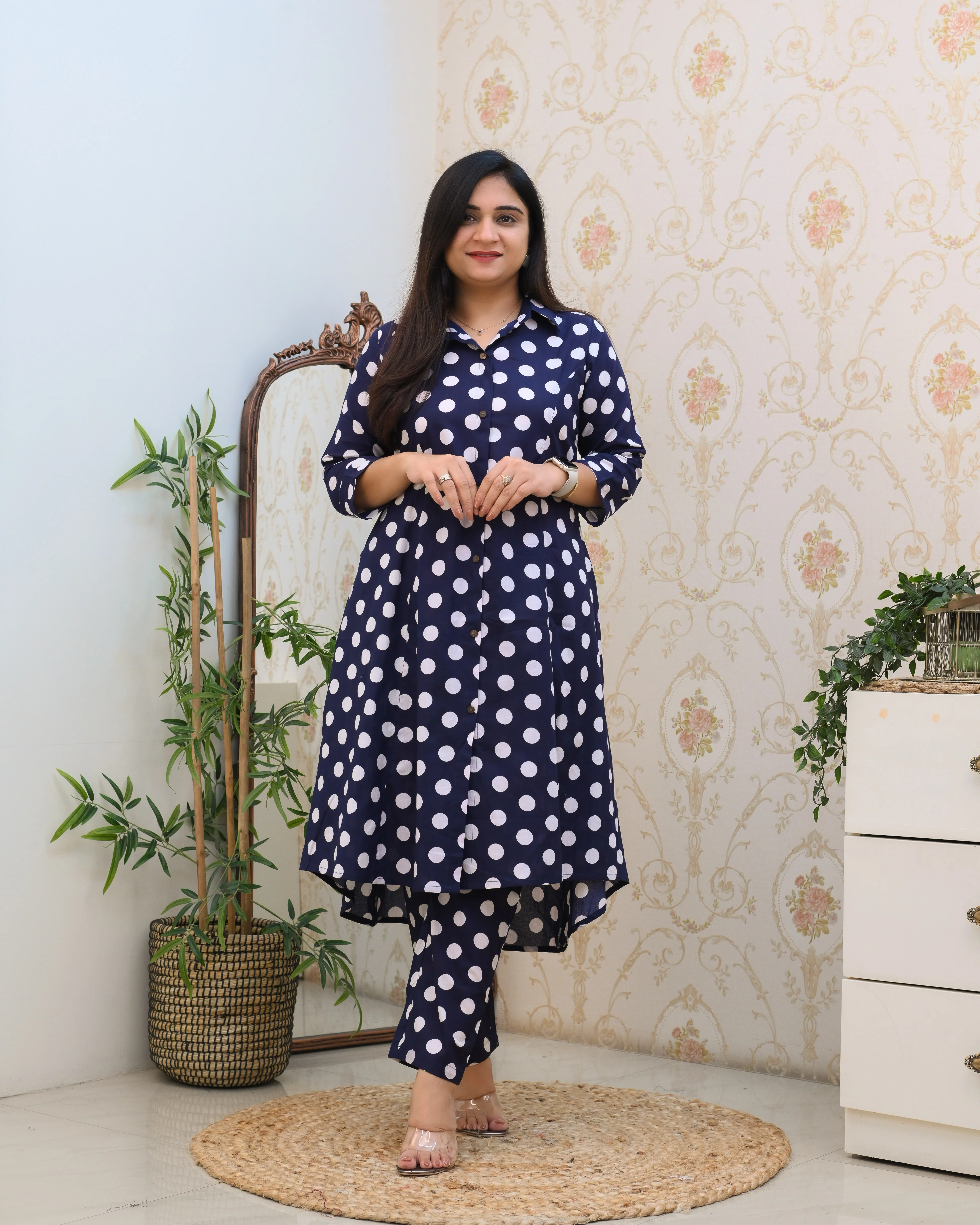 Blue And White Polka A-line Cotton Coord Set - Image 4