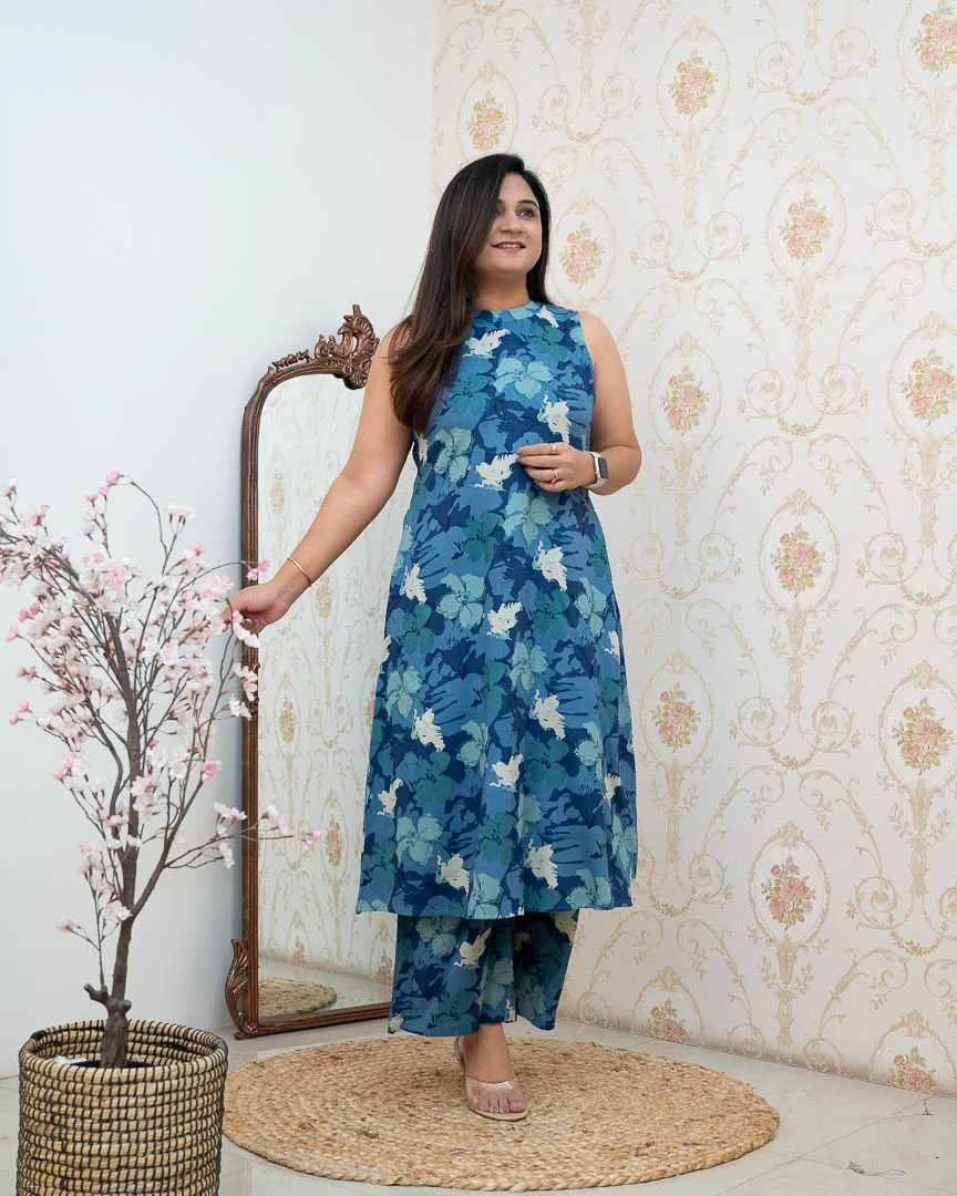 Blue Floral Rayon Printed Casual A-line Coord Set - Image 3