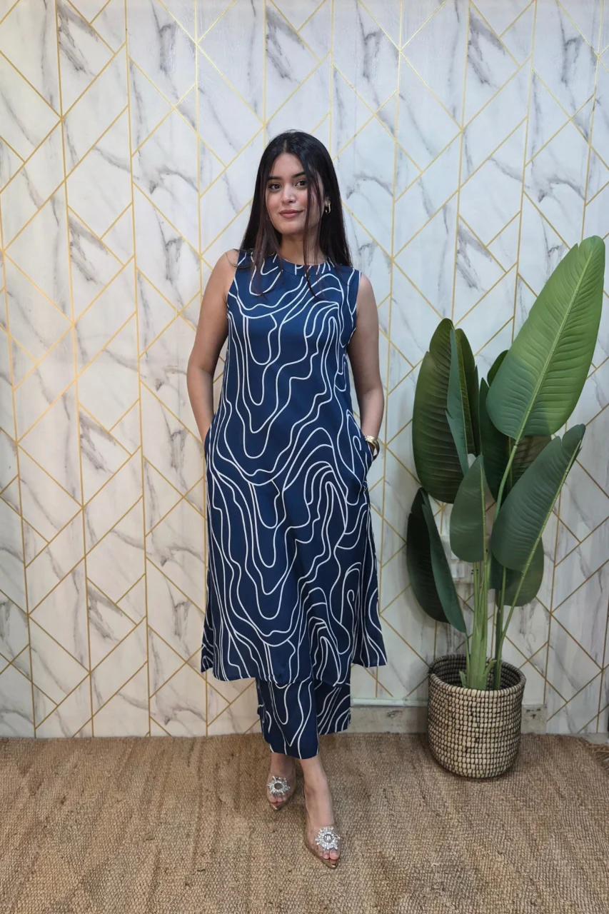 Blue Rayon Geometric Print A-line Coord Set - Image 2