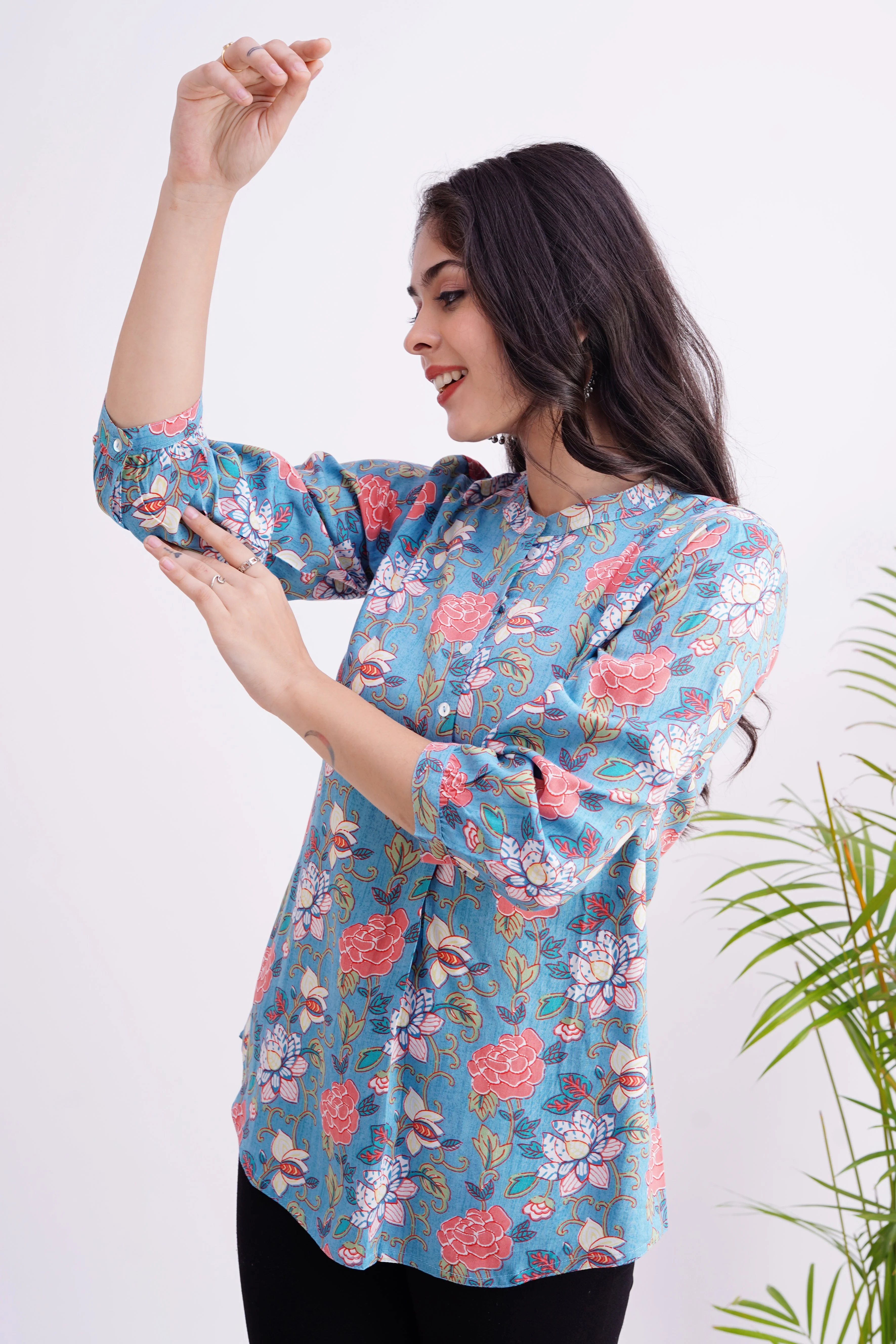 Breathable Rayon Casual Short Top Blue - Image 3
