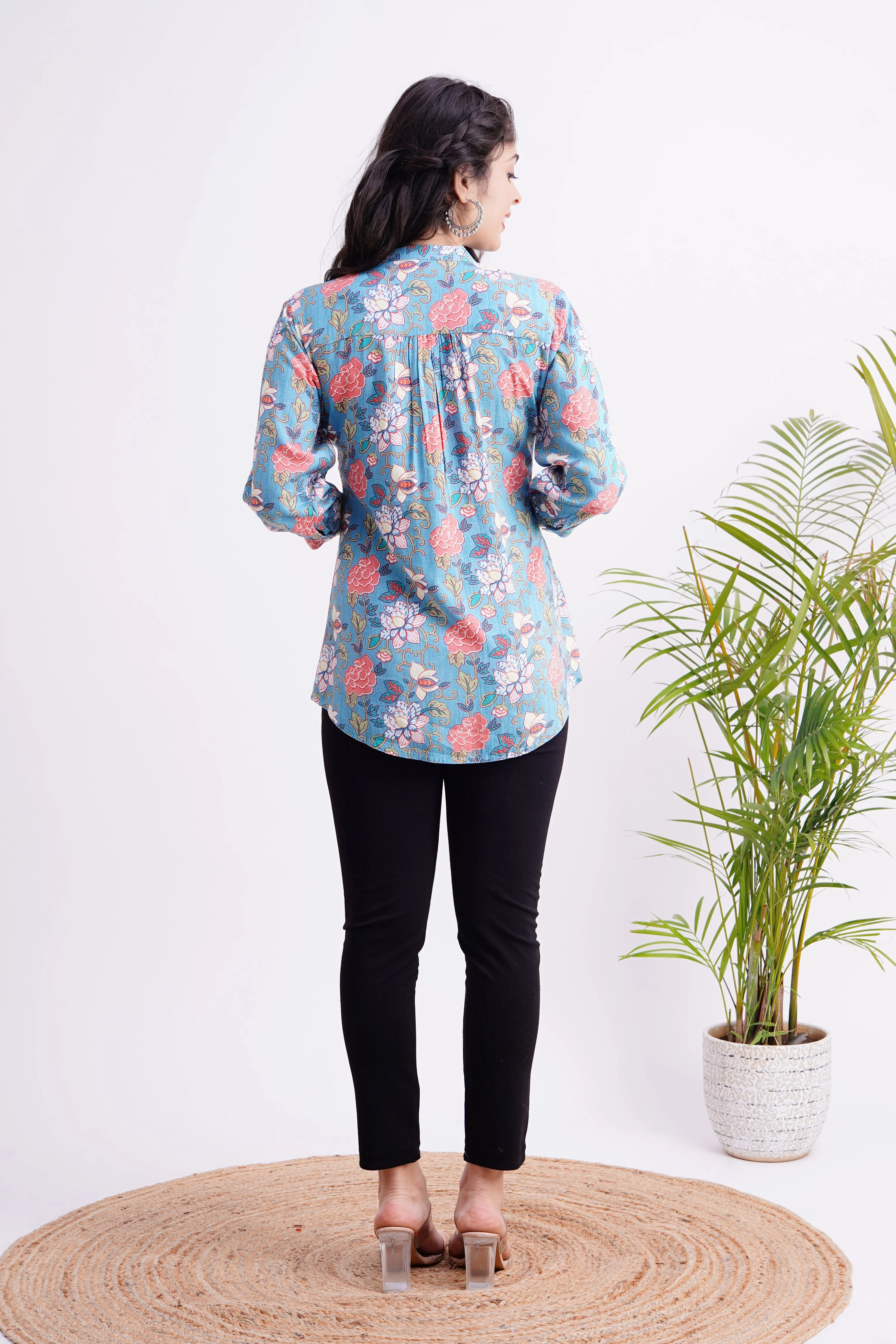Breathable Rayon Casual Short Top Blue - Image 5