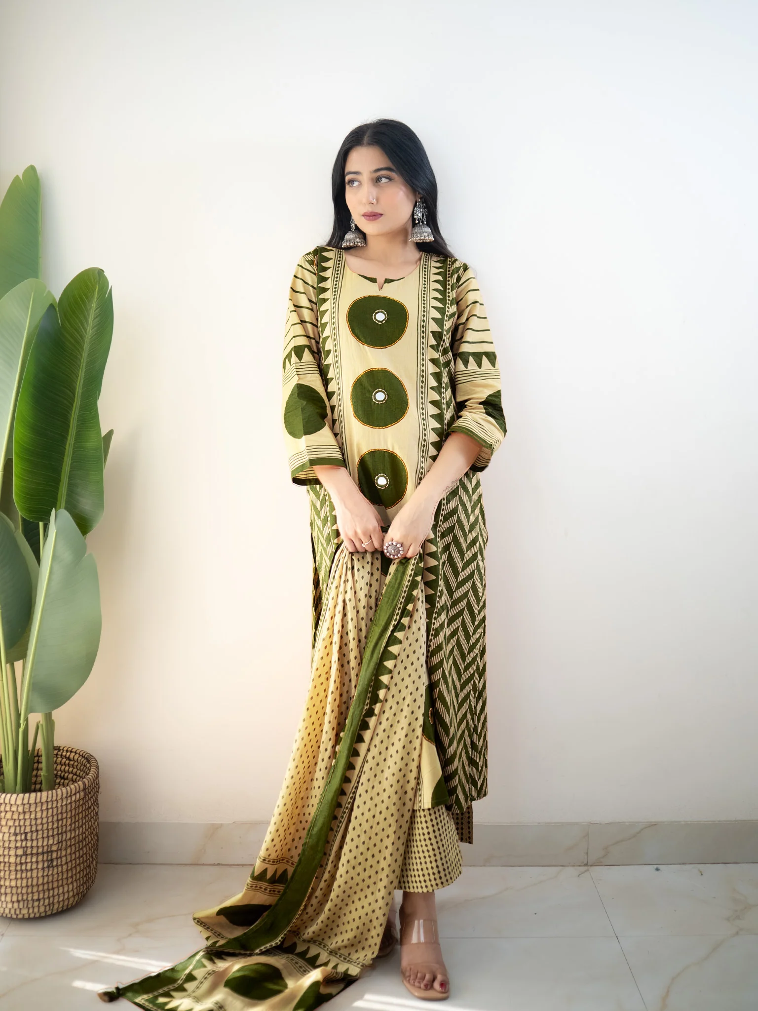 Harshi  Green Cotton Ajrakh Katha Detailed Dupatta Set - Image 3