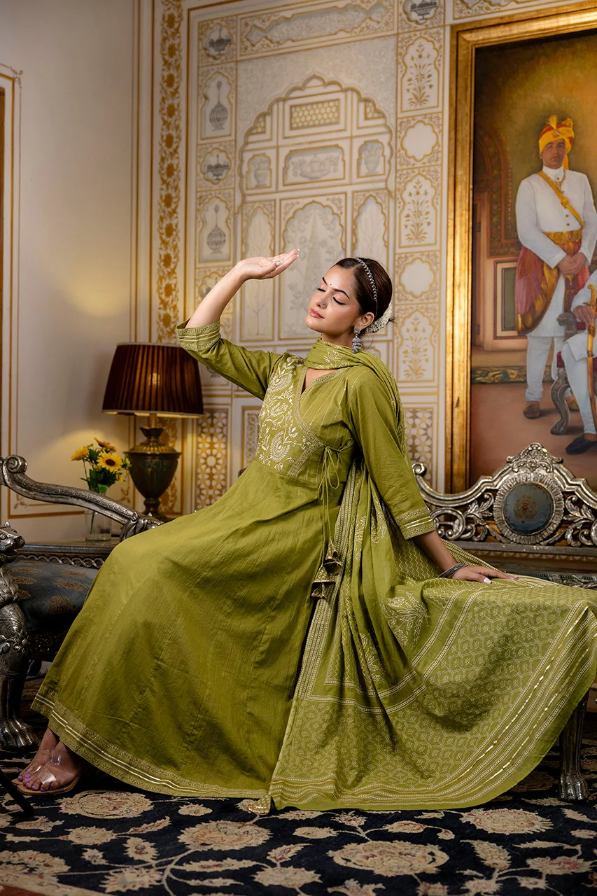 Cotton Angrakha Embroidered Festive Anarkali Set - Image 14