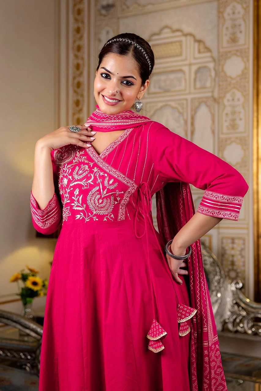 Cotton Angrakha Embroidered Festive Anarkali Set - Image 16