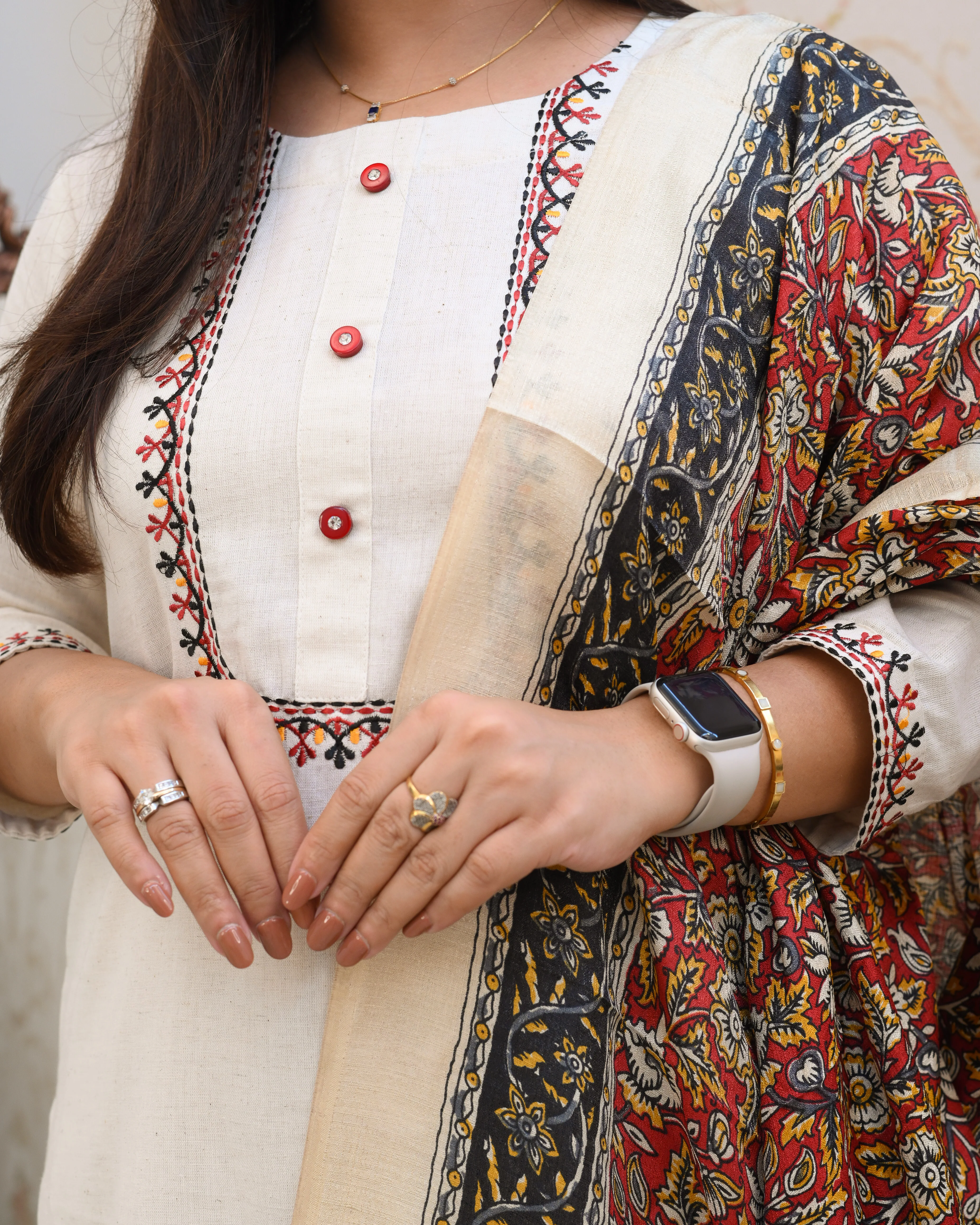 Cotton Embroidered Kalamkari Dupatta Suit - Image 9