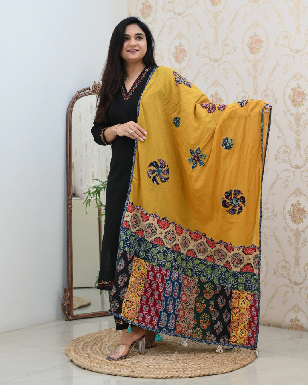 Cotton Embroidered Pant Set with Ajrakh Appliqué Dupatta - Image 10