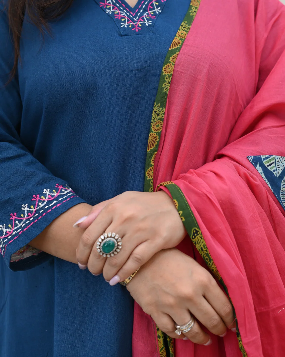 Cotton Embroidered Pant Set with Ajrakh Appliqué Dupatta - Image 16